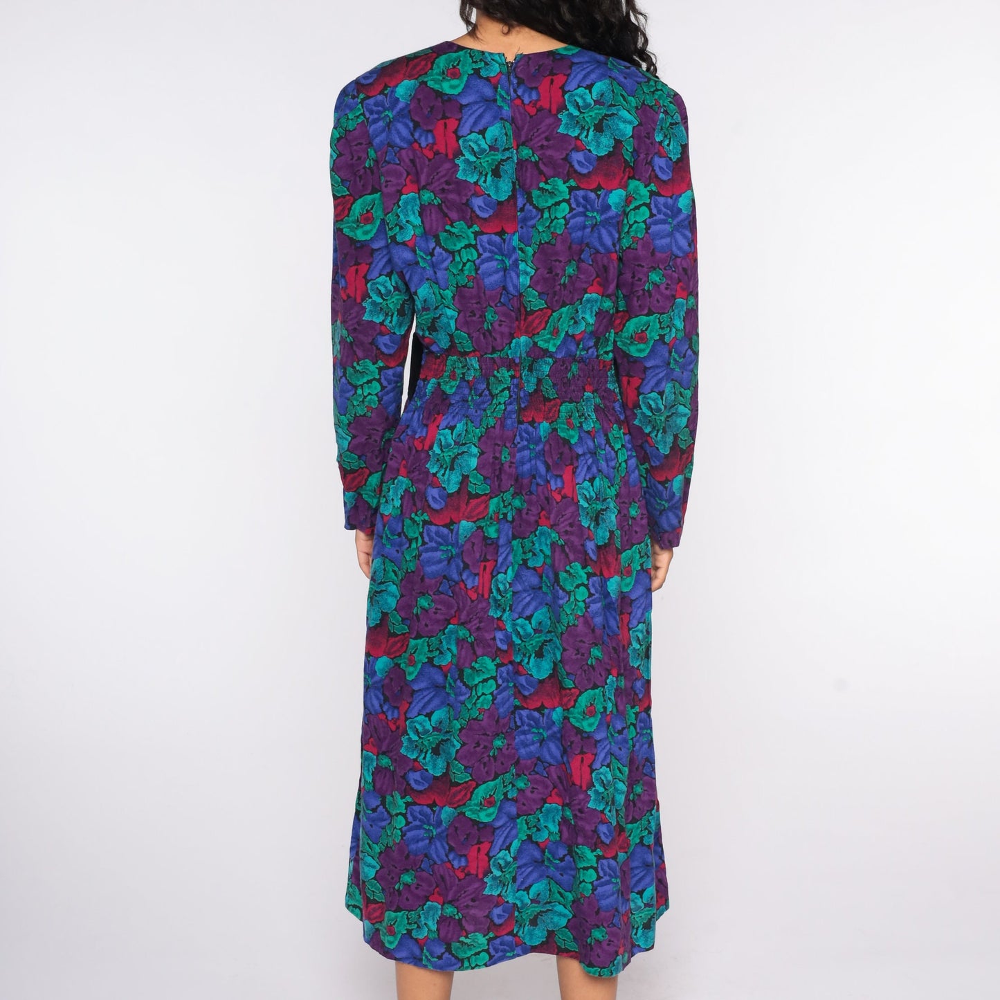 80s Floral Midi Dress High Waist Long Sleeve Pleated Print Medium