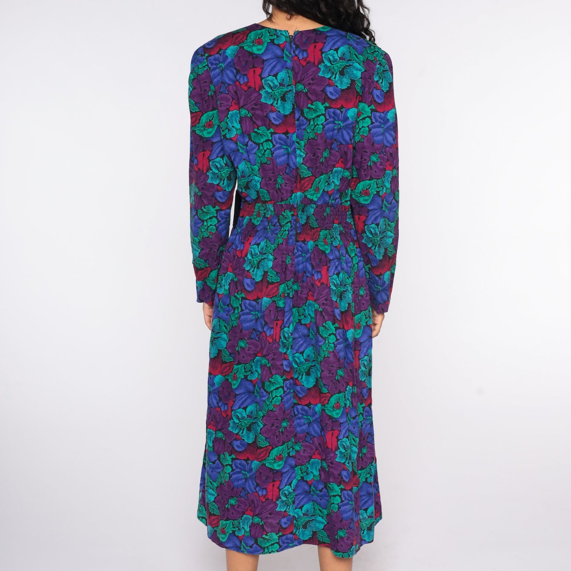 80s Floral Midi Dress High Waist Long Sleeve Pleated Print Medium