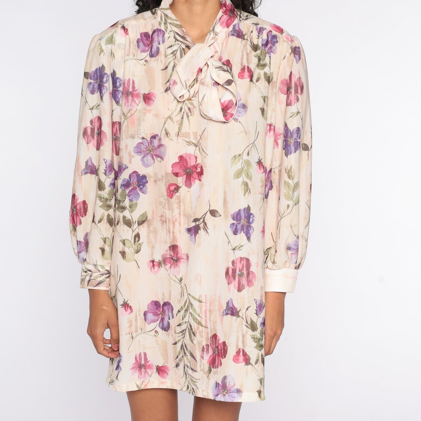 70s Floral Necktie Mini Dress Plus Size Long Sleeve Pullover XXL