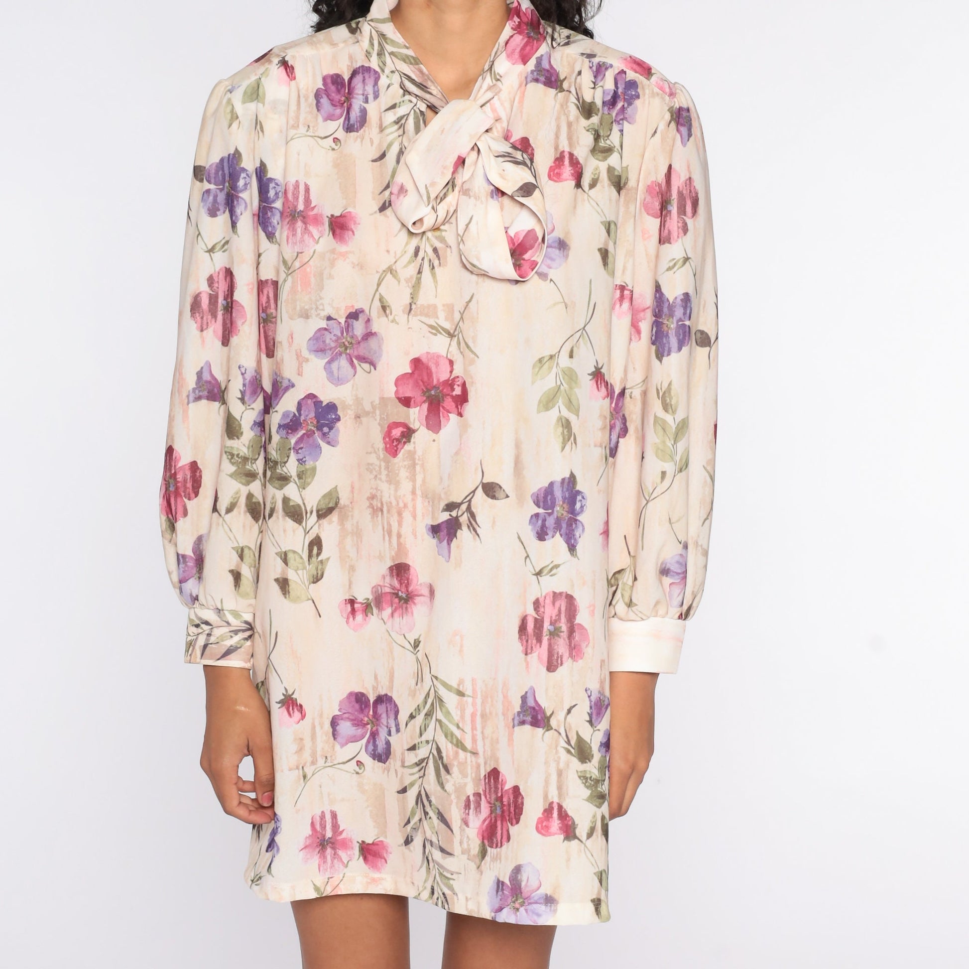70s Floral Necktie Mini Dress Plus Size Long Sleeve Pullover XXL