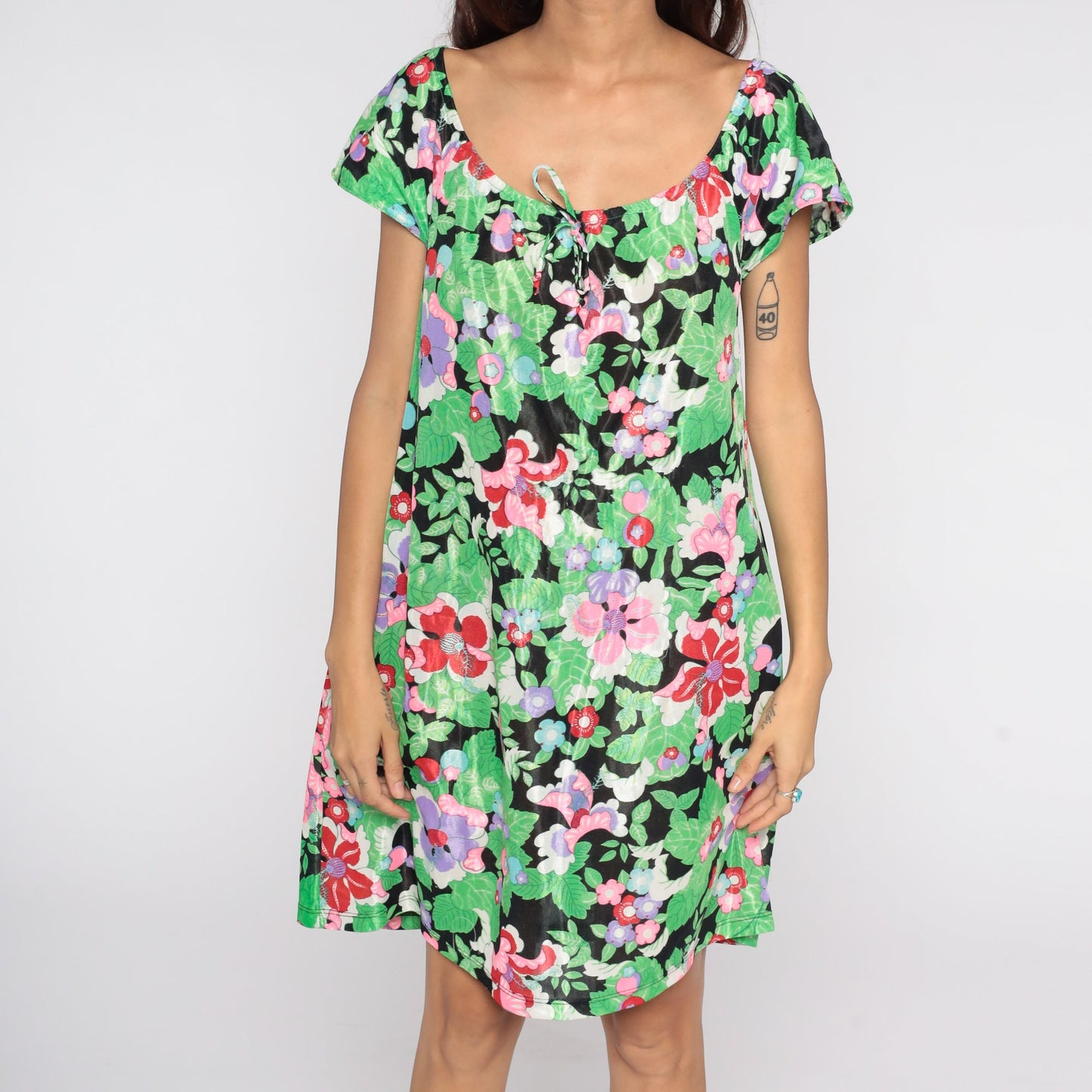 70s Floral Mini Dress Tent Cut Hippie Peasant Vintage Summer Medium Large