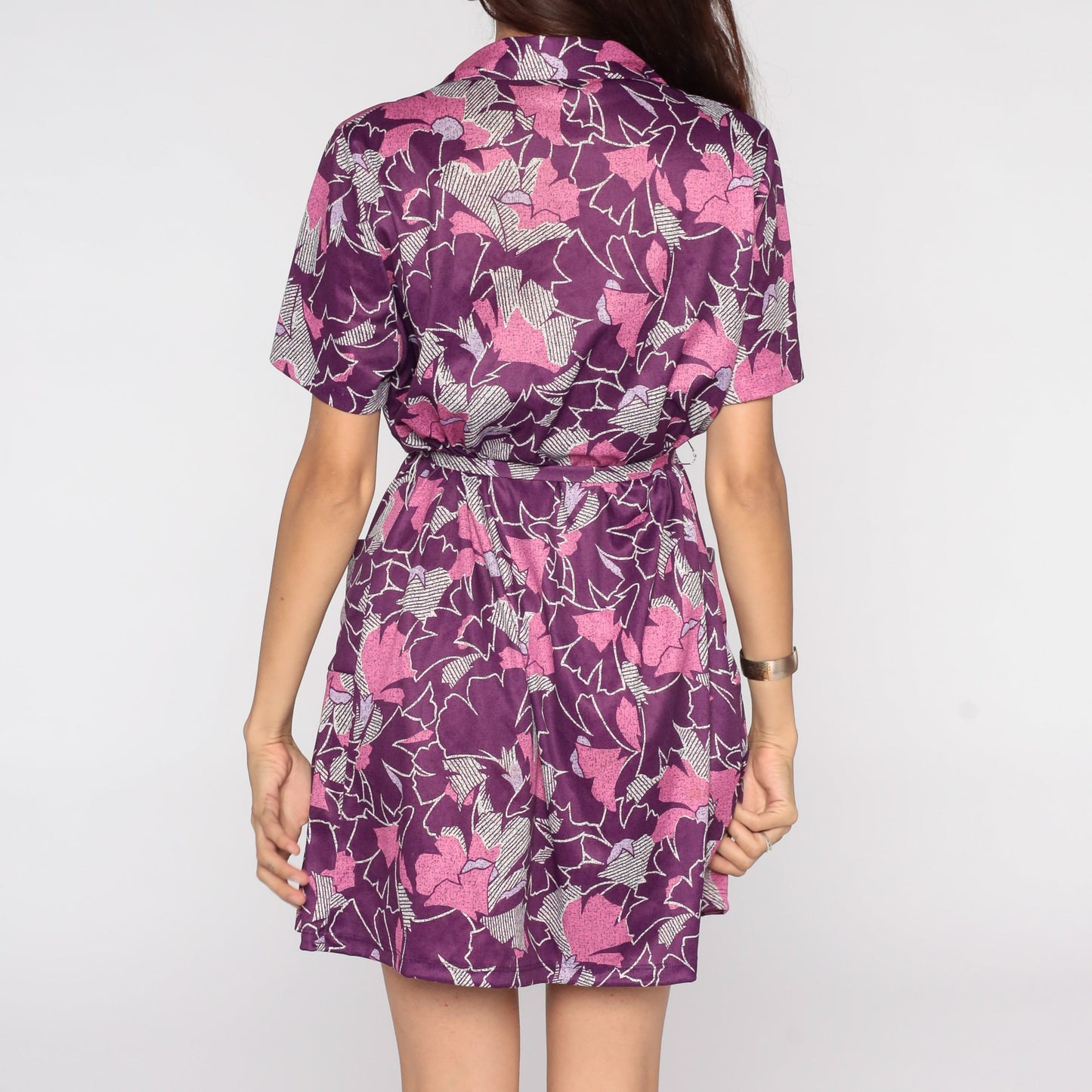 60s Purple Floral Shift Dress Button Front Mini Short Sleeve Extra Small