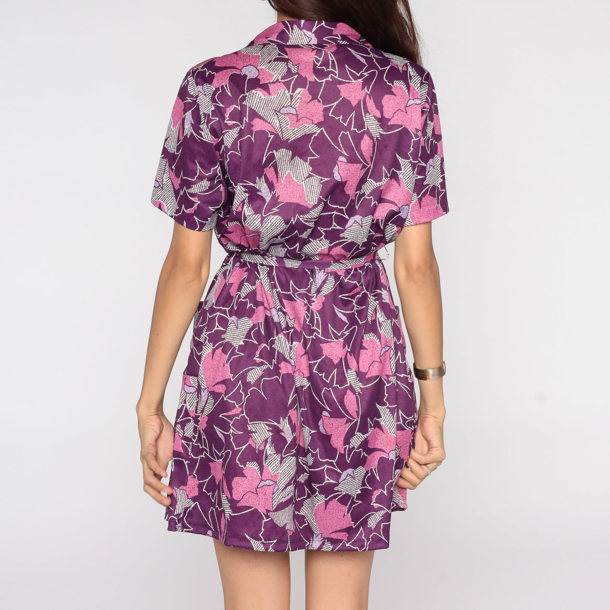60s Purple Floral Shift Dress Button Front Mini Short Sleeve Extra Small