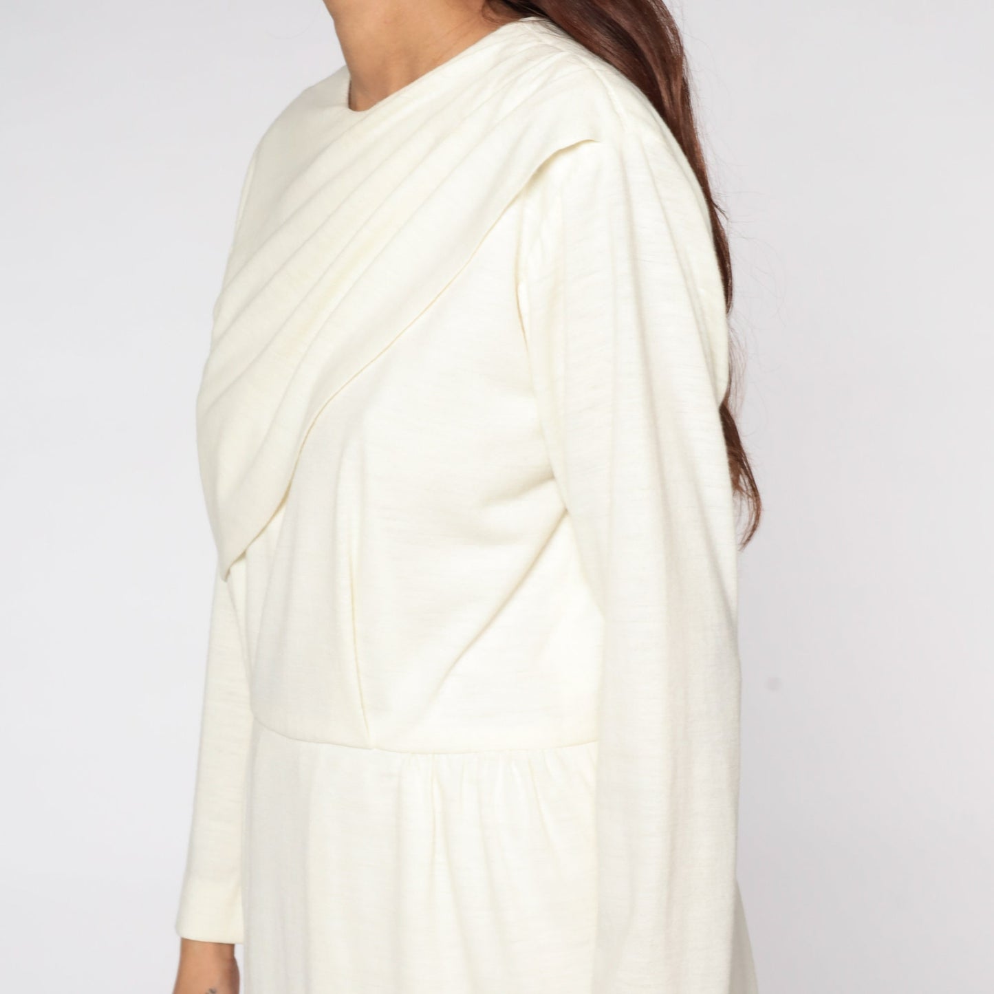 80s Off-White Mini Dress High Waist Long Sleeve Draped Medium