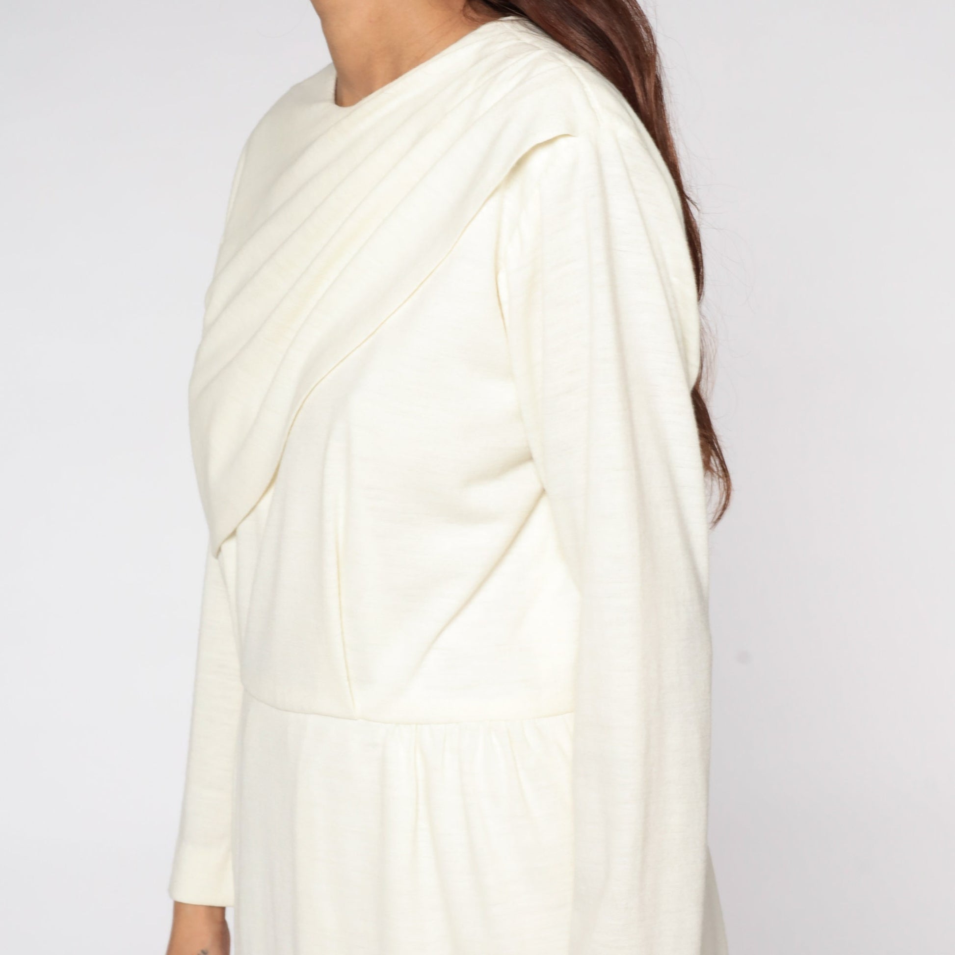 80s Off-White Mini Dress High Waist Long Sleeve Draped Medium