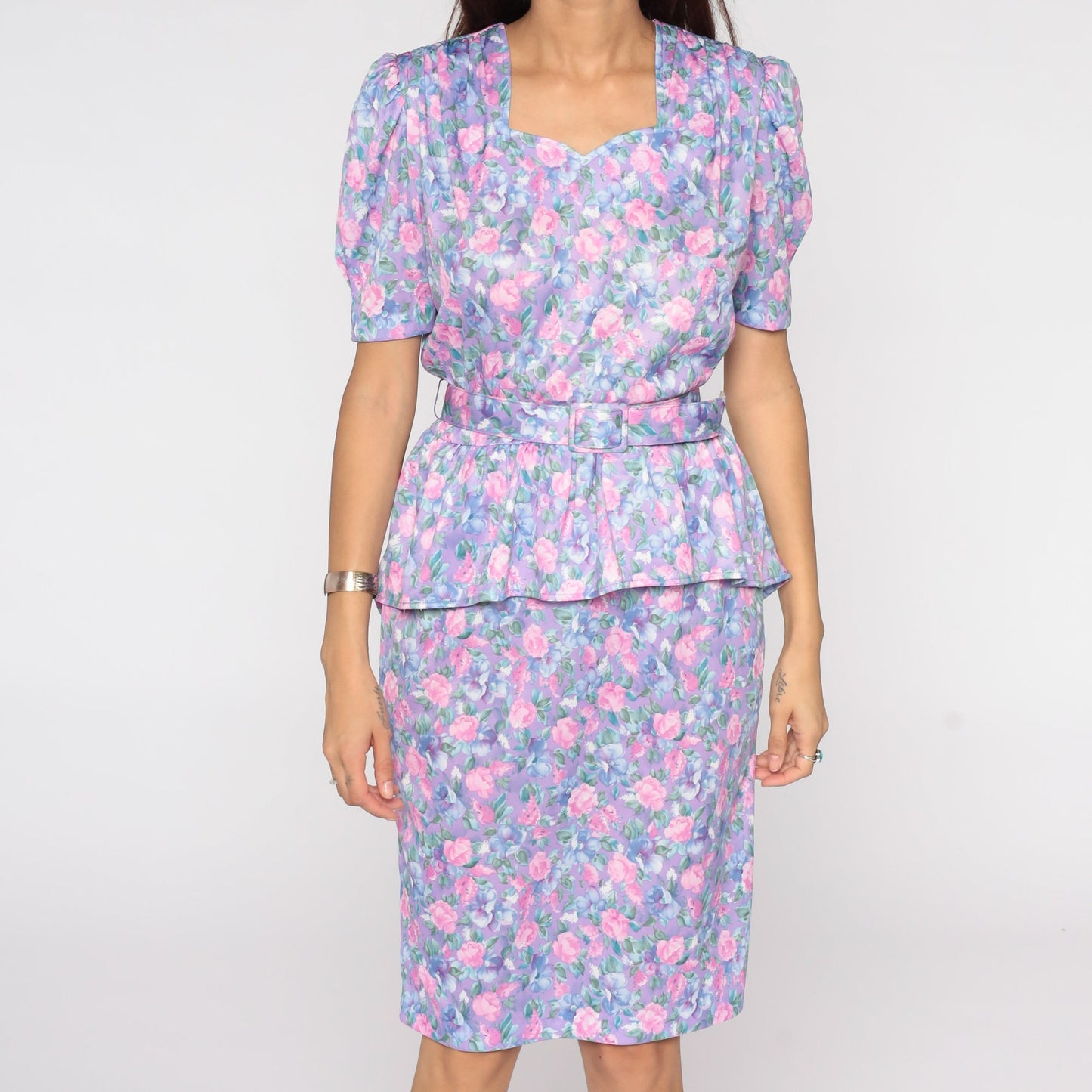 80s Purple Floral Peplum Dress Puff Sleeve Midi Pencil Wiggle Medium