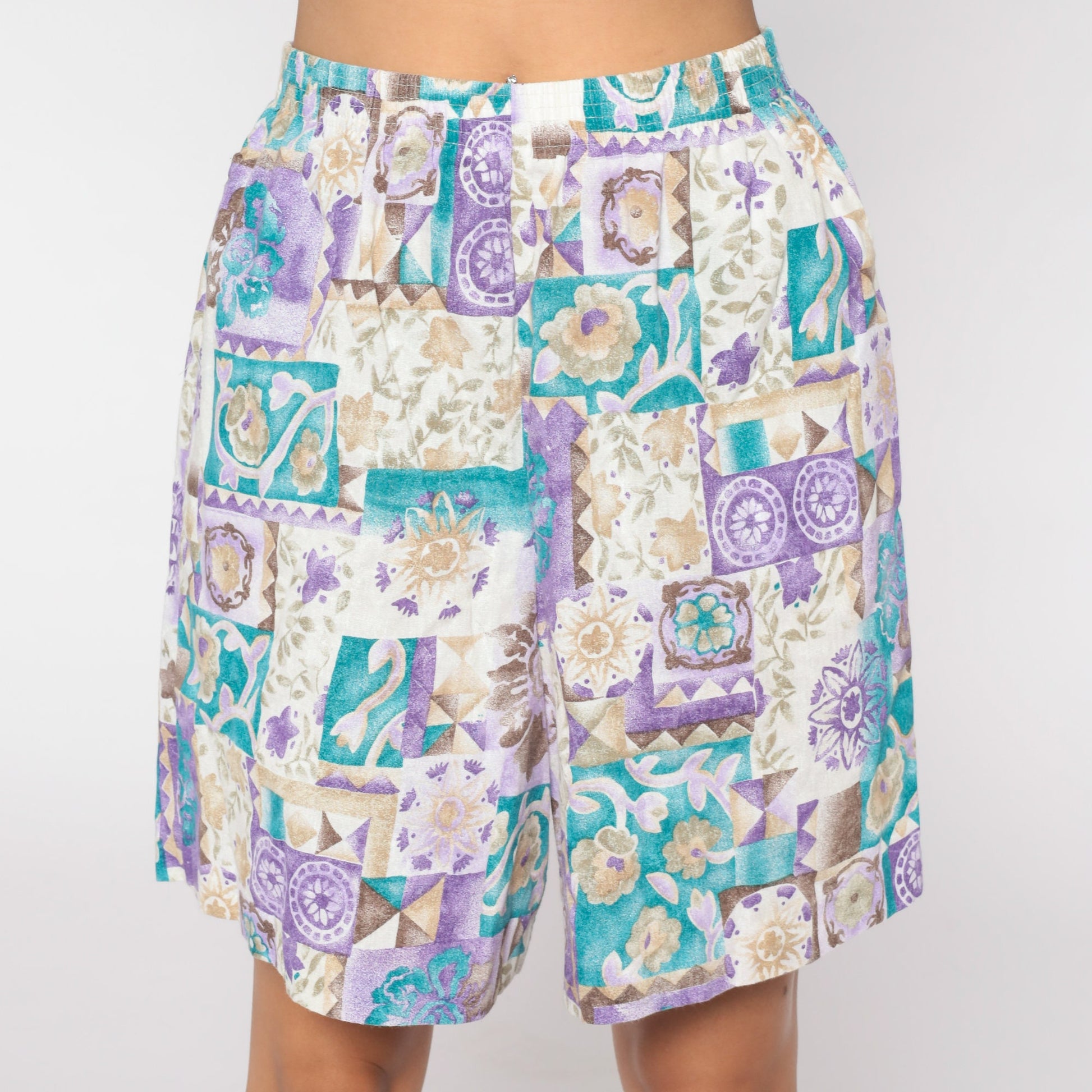 90s Floral High-Waisted Shorts Purple Turquoise Baggy Wide Leg Medium