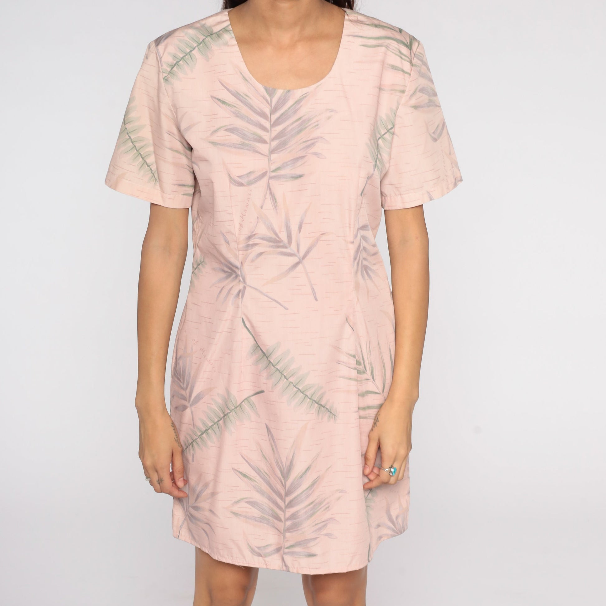 90s Hawaiian Print Mini Dress Pink Tropical Leaf Sheath Medium