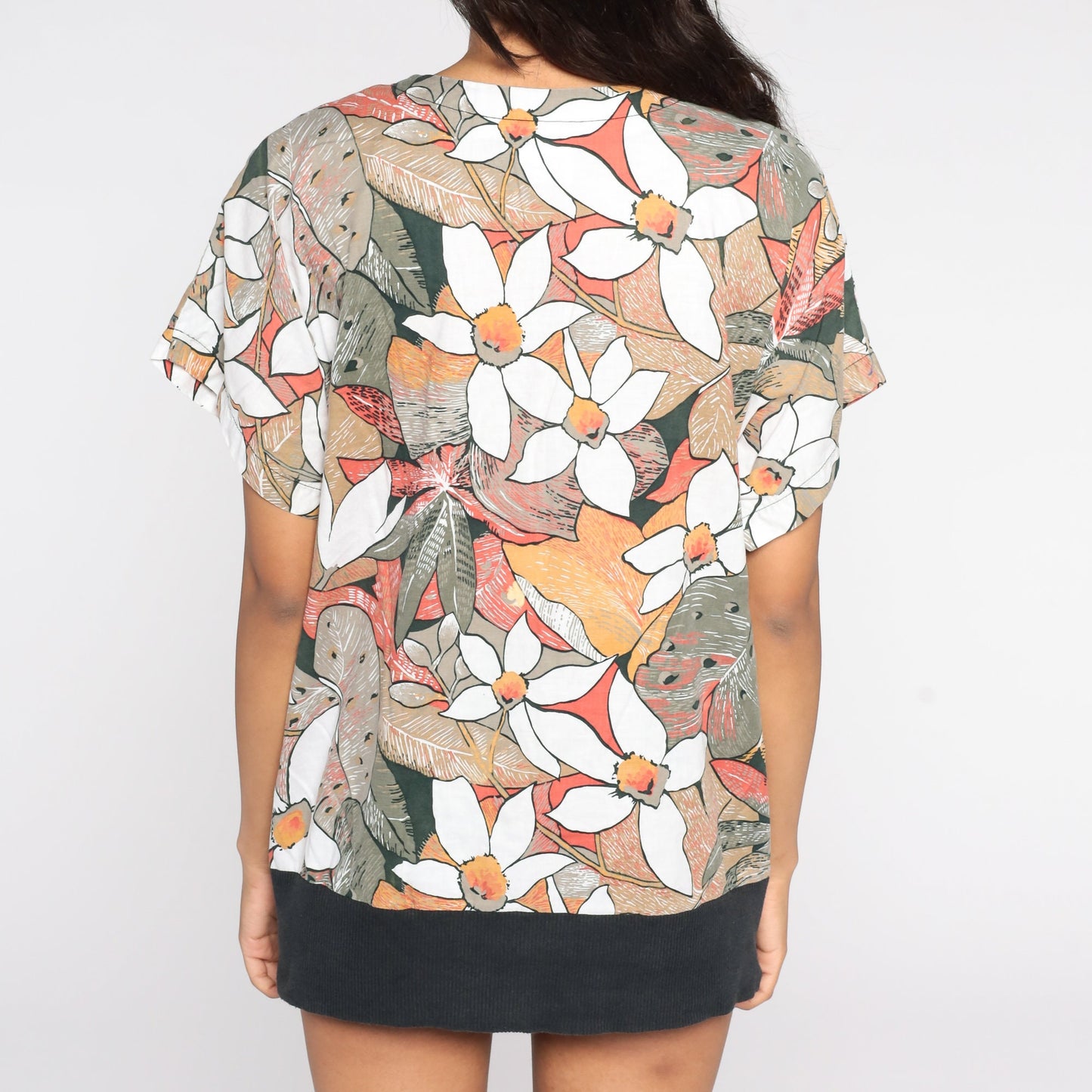 80s Tropical Floral Button-Up Blouse Short Sleeve Shirt Extra Large XL