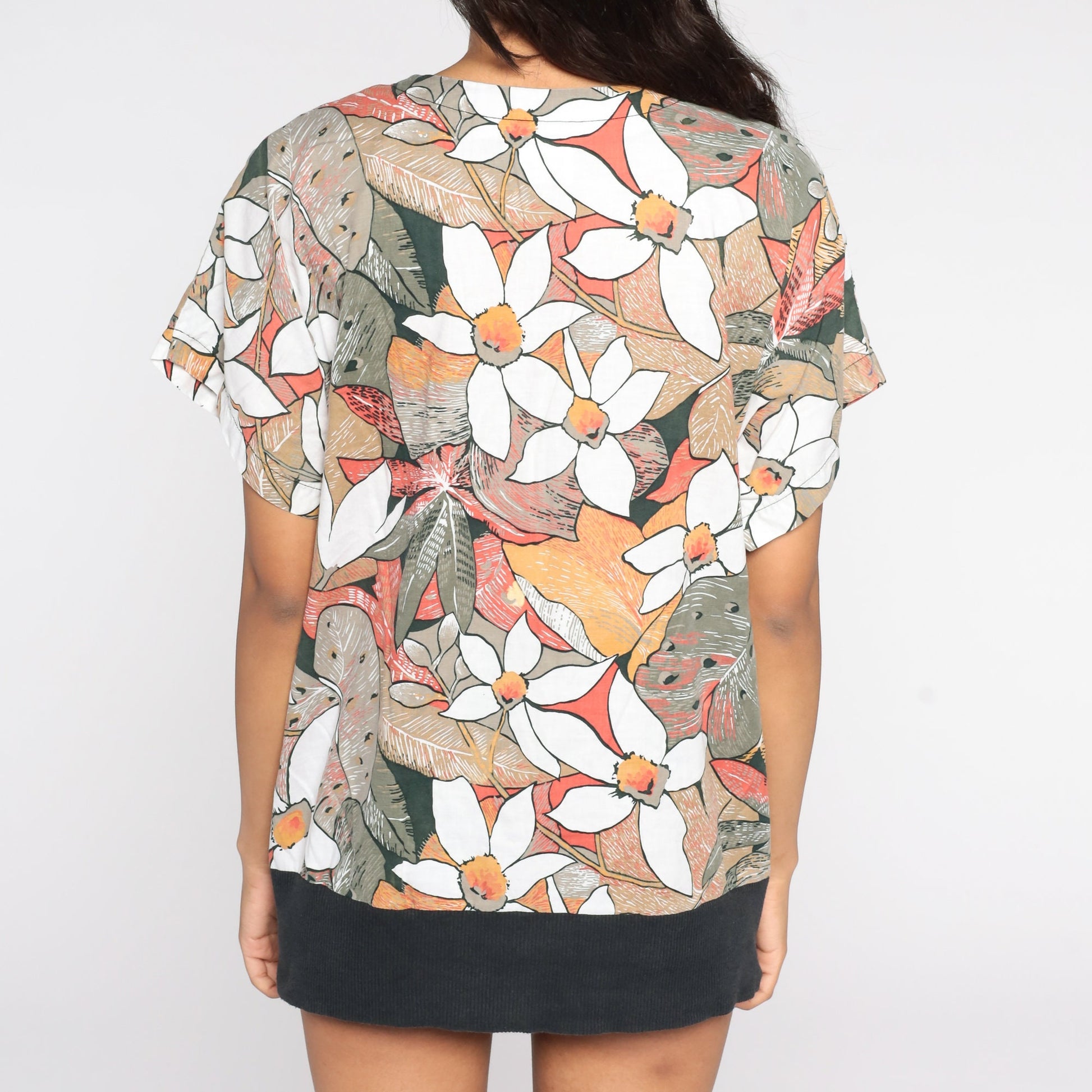 80s Tropical Floral Button-Up Blouse Short Sleeve Shirt Extra Large XL