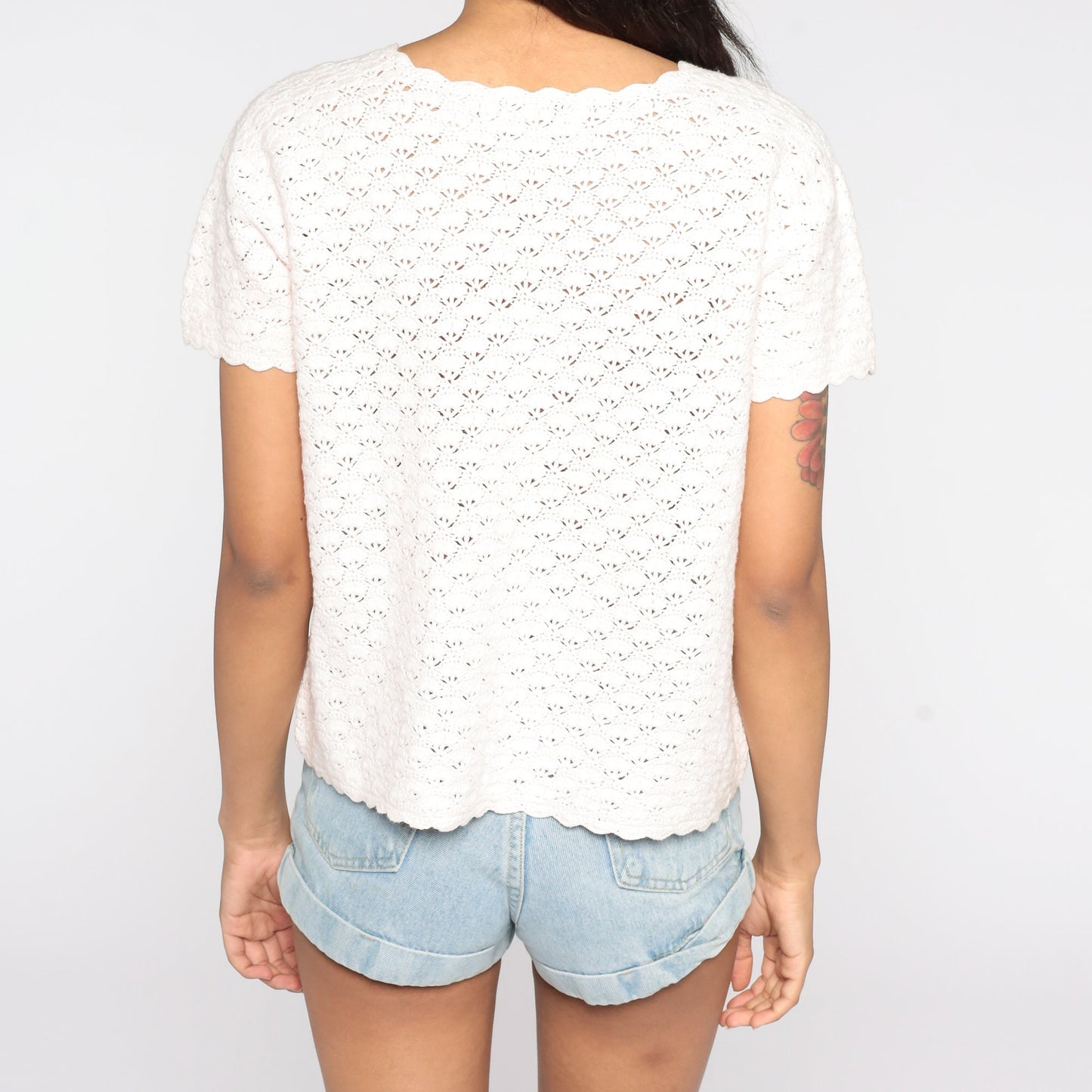 90s White Crochet Blouse Floral Embroidery Button-Up Short Sleeve Medium Large