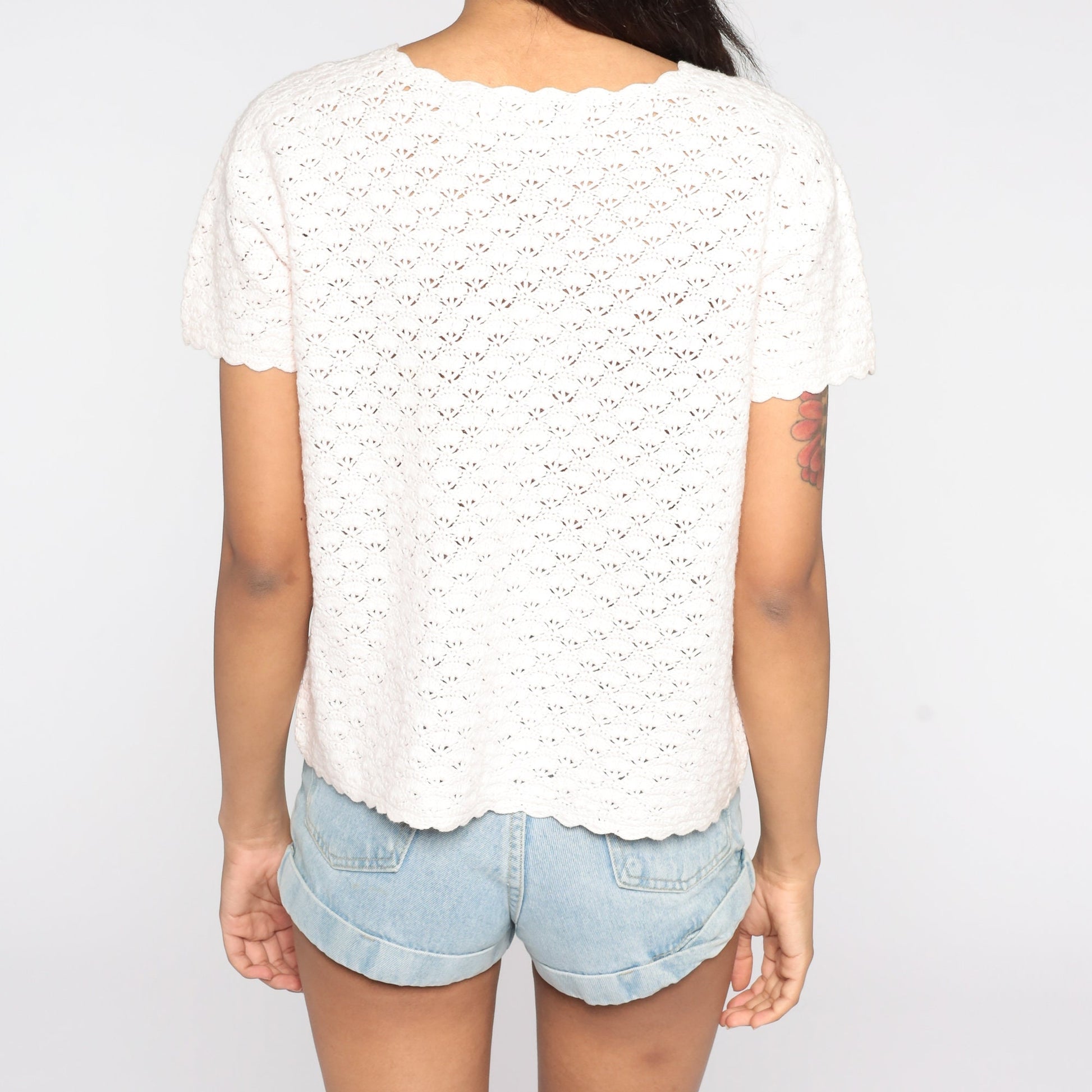 90s White Crochet Blouse Floral Embroidery Button-Up Short Sleeve Medium Large