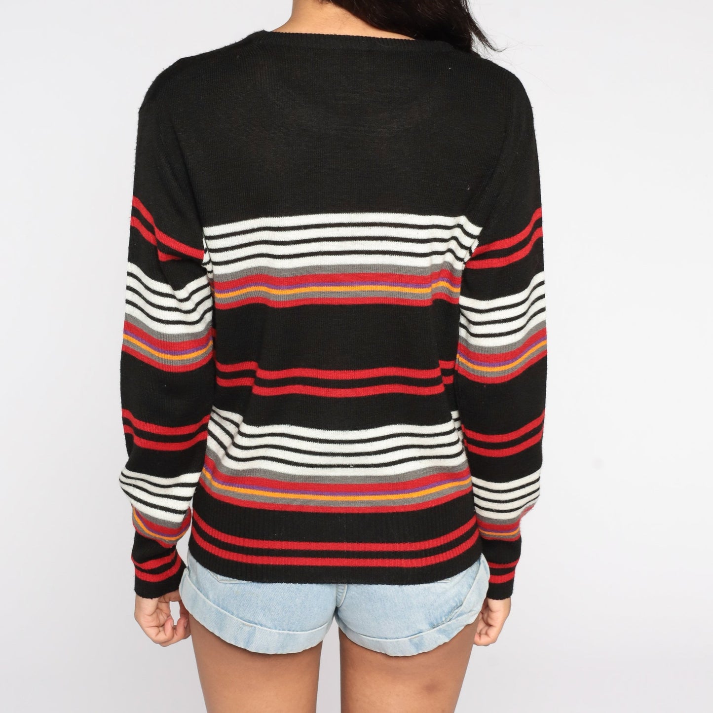80s Black Striped Knit Sweater Crewneck Pullover Large