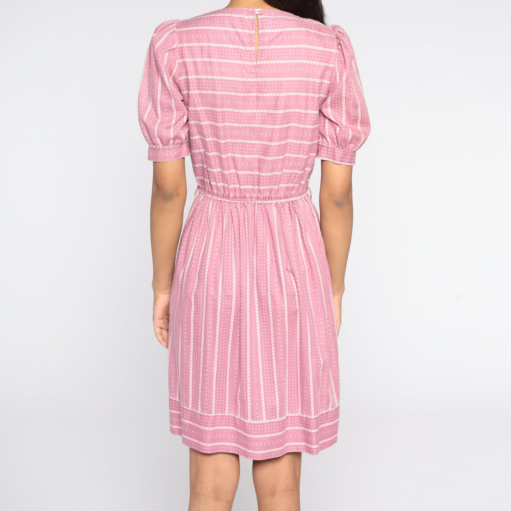 80s Pink Striped Puff Sleeve Dress High Waist Knee Length Extra Small