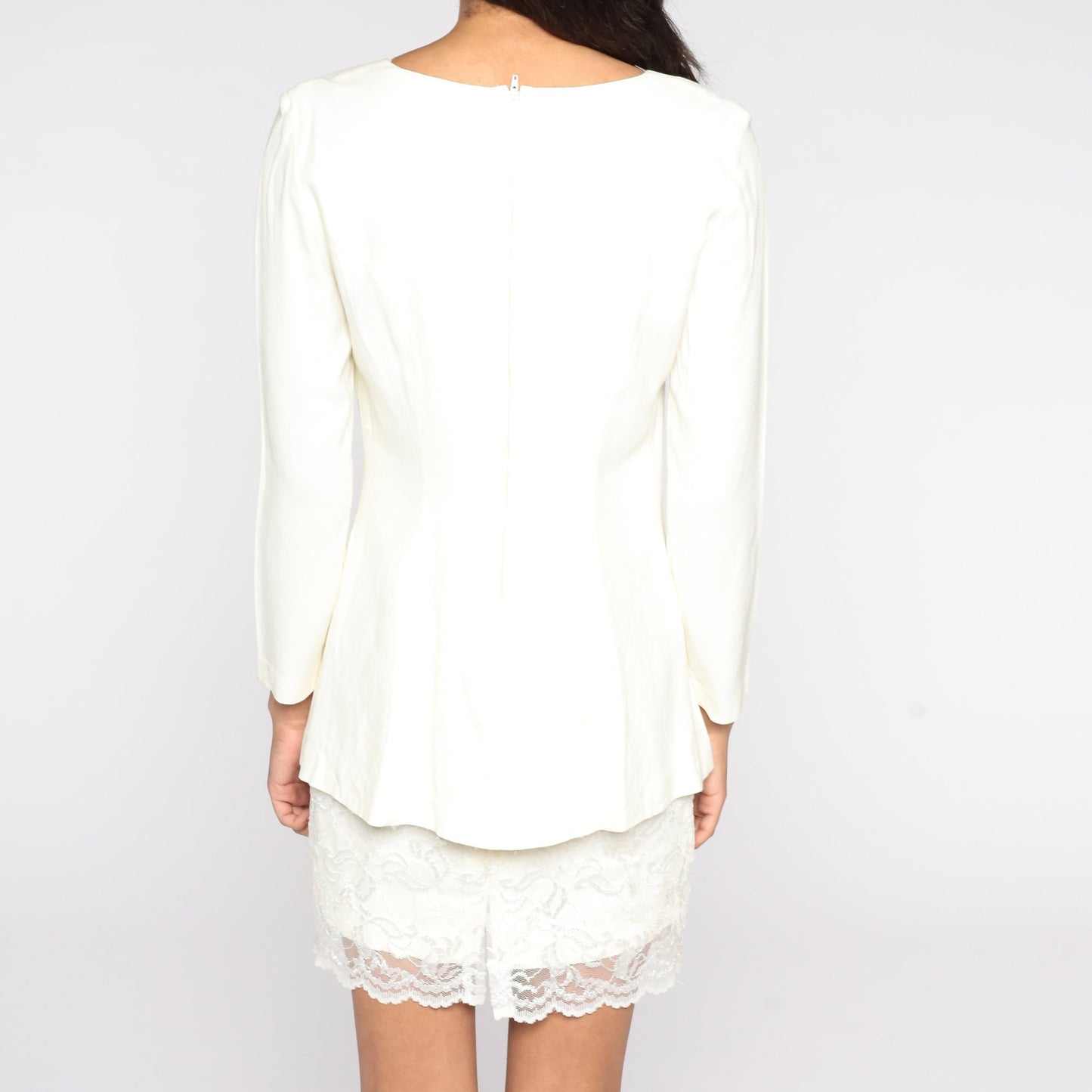 80s Cream Double Breasted Mini Dress Lace Trim Button Up Small