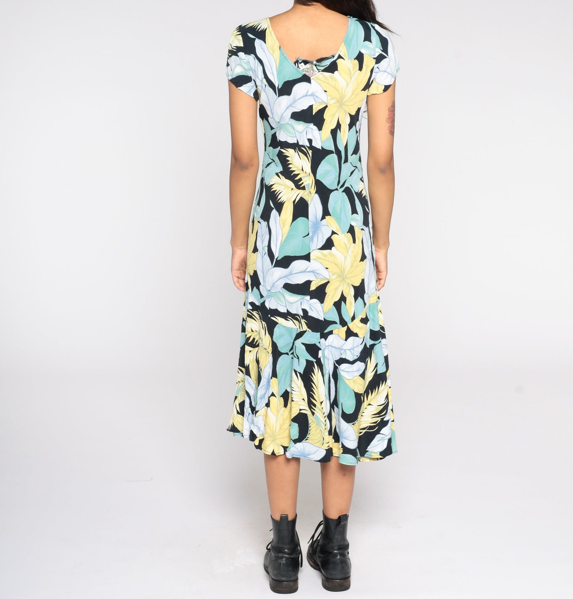 90s Tropical Leaf Print Shift Dress Black Blue Green Midi Small S