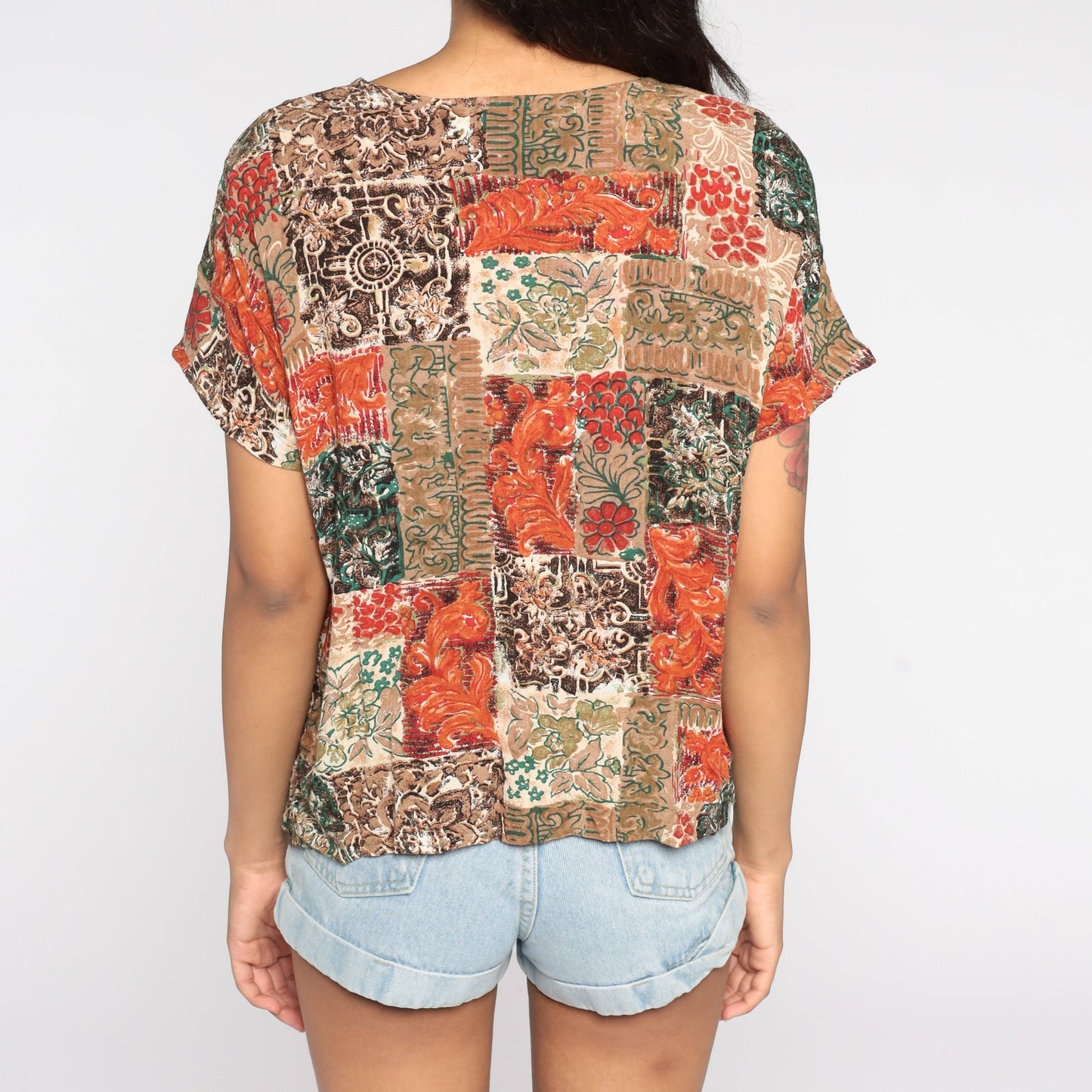 90s Patchwork Orange Floral Button-Up Shirt Rayon Blouse Medium