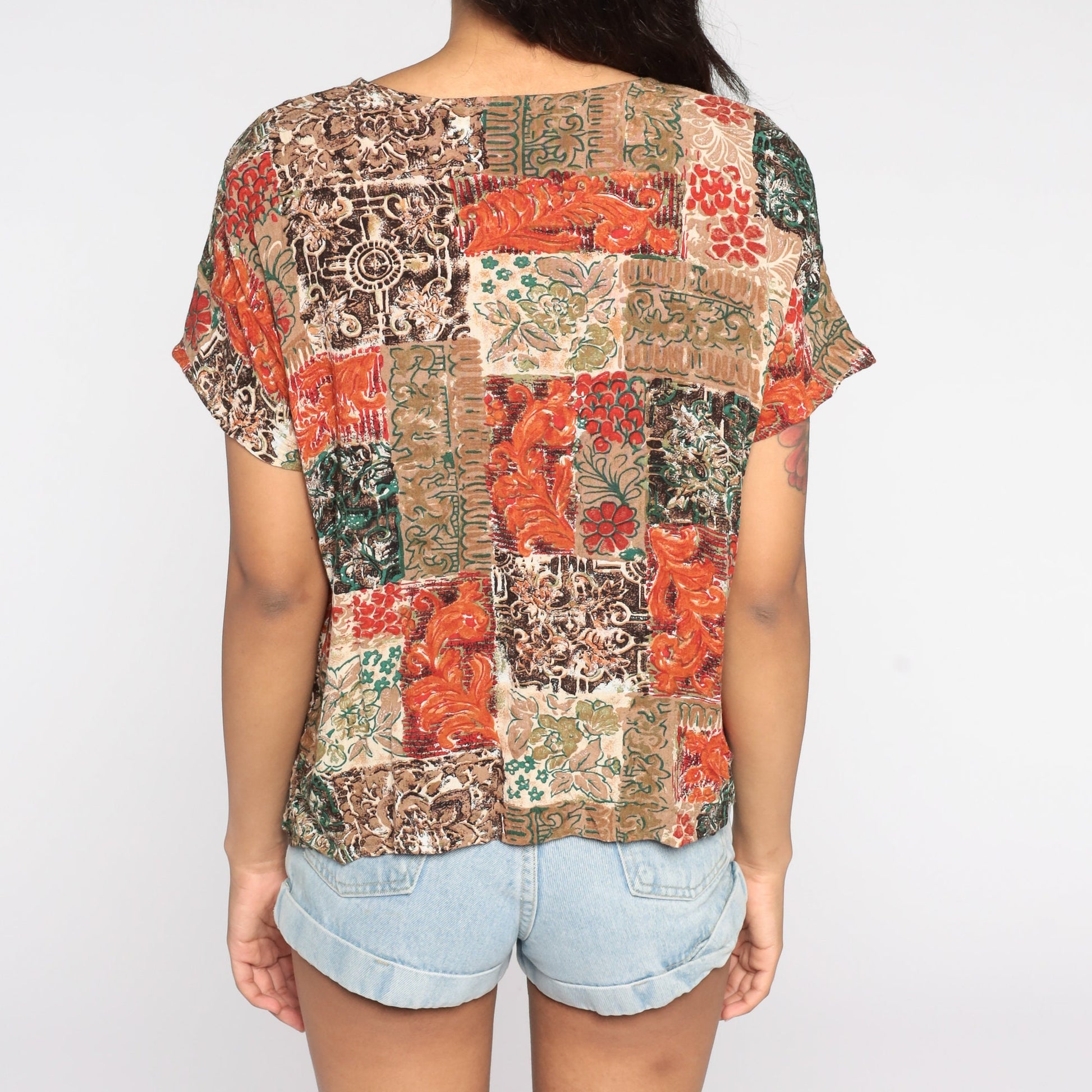 90s Patchwork Orange Floral Button-Up Shirt Rayon Blouse Medium