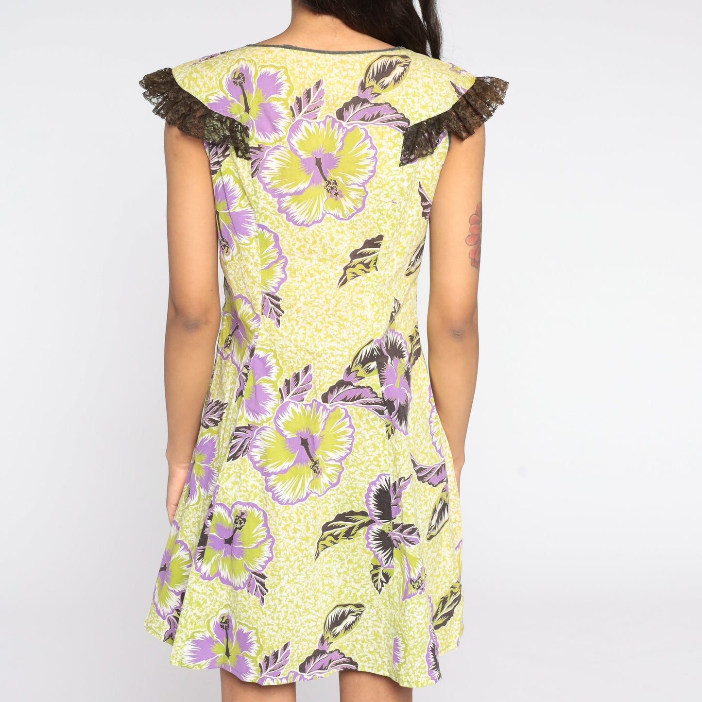 80s Yellow Floral Shift Dress Flutter Sleeve Midi Small