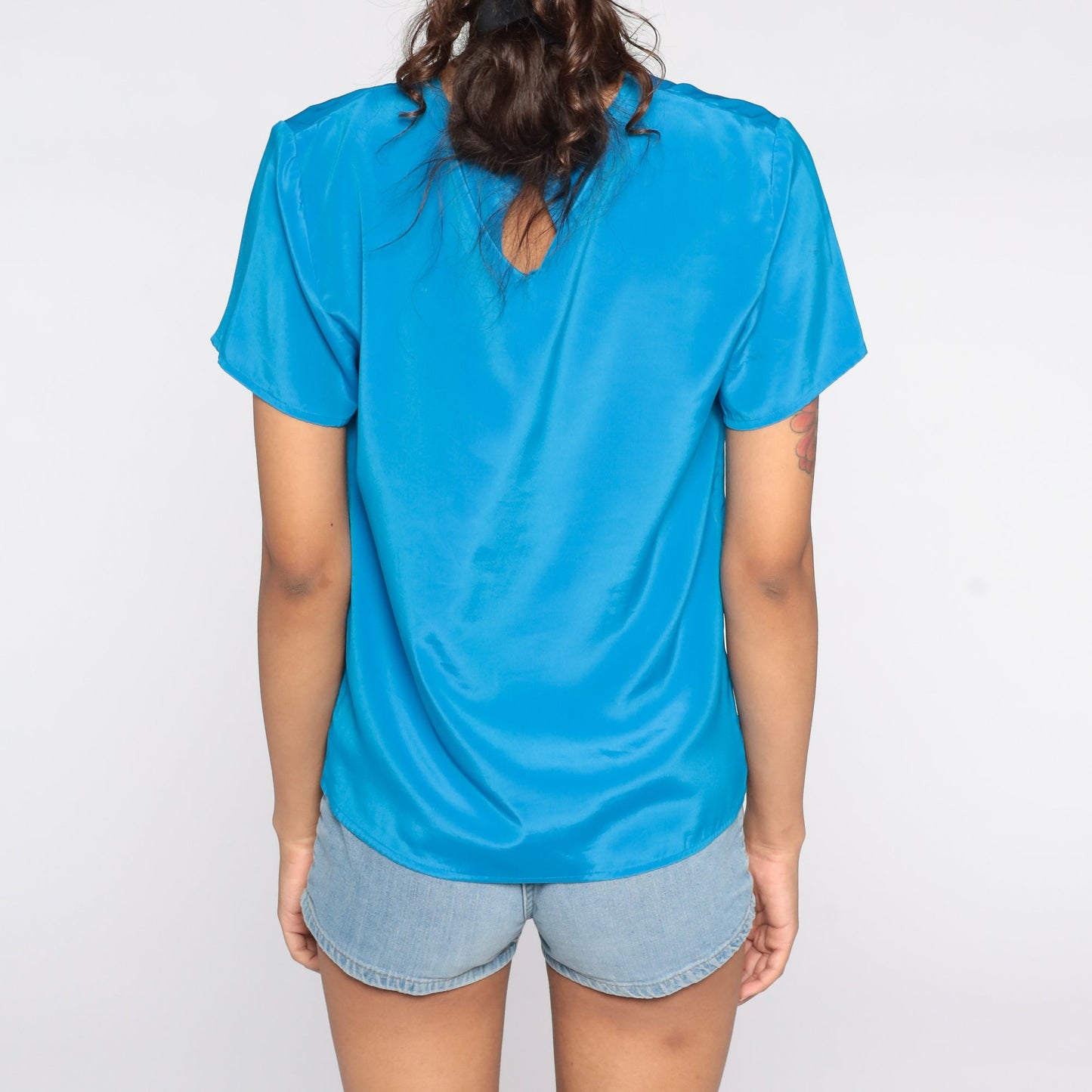 80s Blue Short Sleeve Blouse Plain Polyester Shirt Extra Small