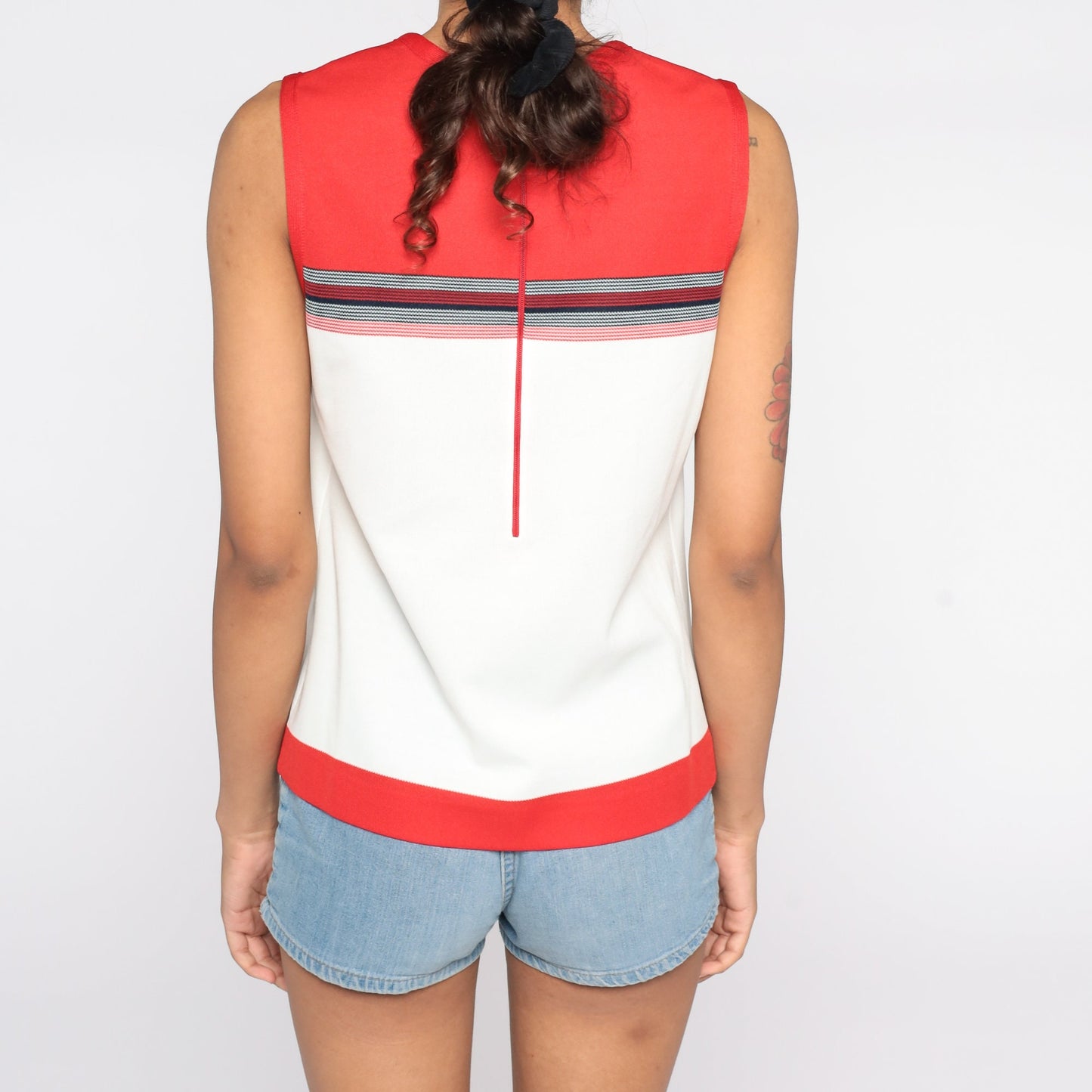 70s Striped Sleeveless Blouse Red White Polyester Knit Tank Small