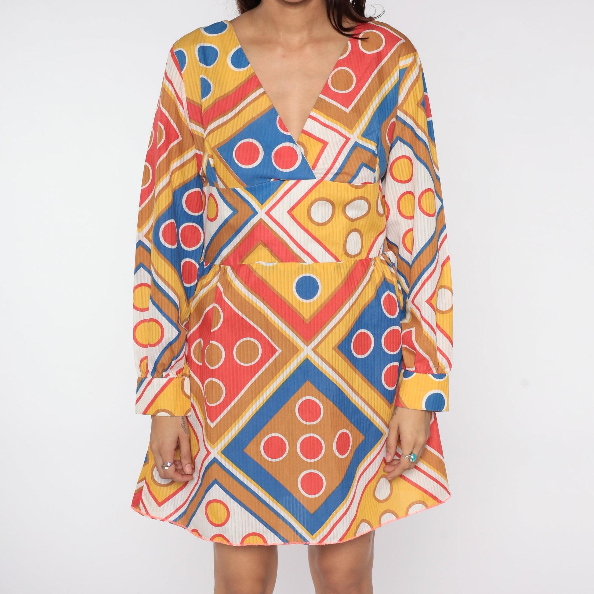 70s Geometric Print Babydoll Dress Empire Waist Mini Long Sleeve Yellow Blue Medium