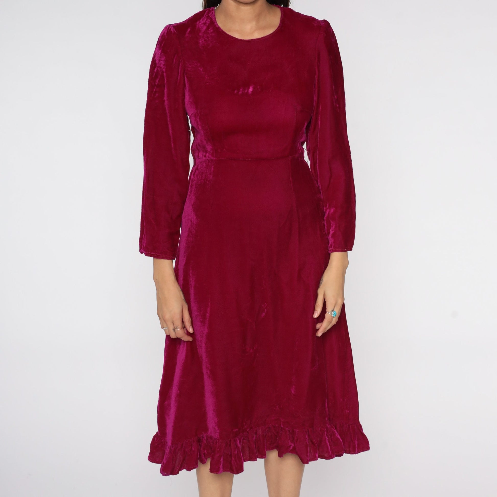 80s Raspberry Red Velvet Midi Dress High Waist Long Sleeve Small