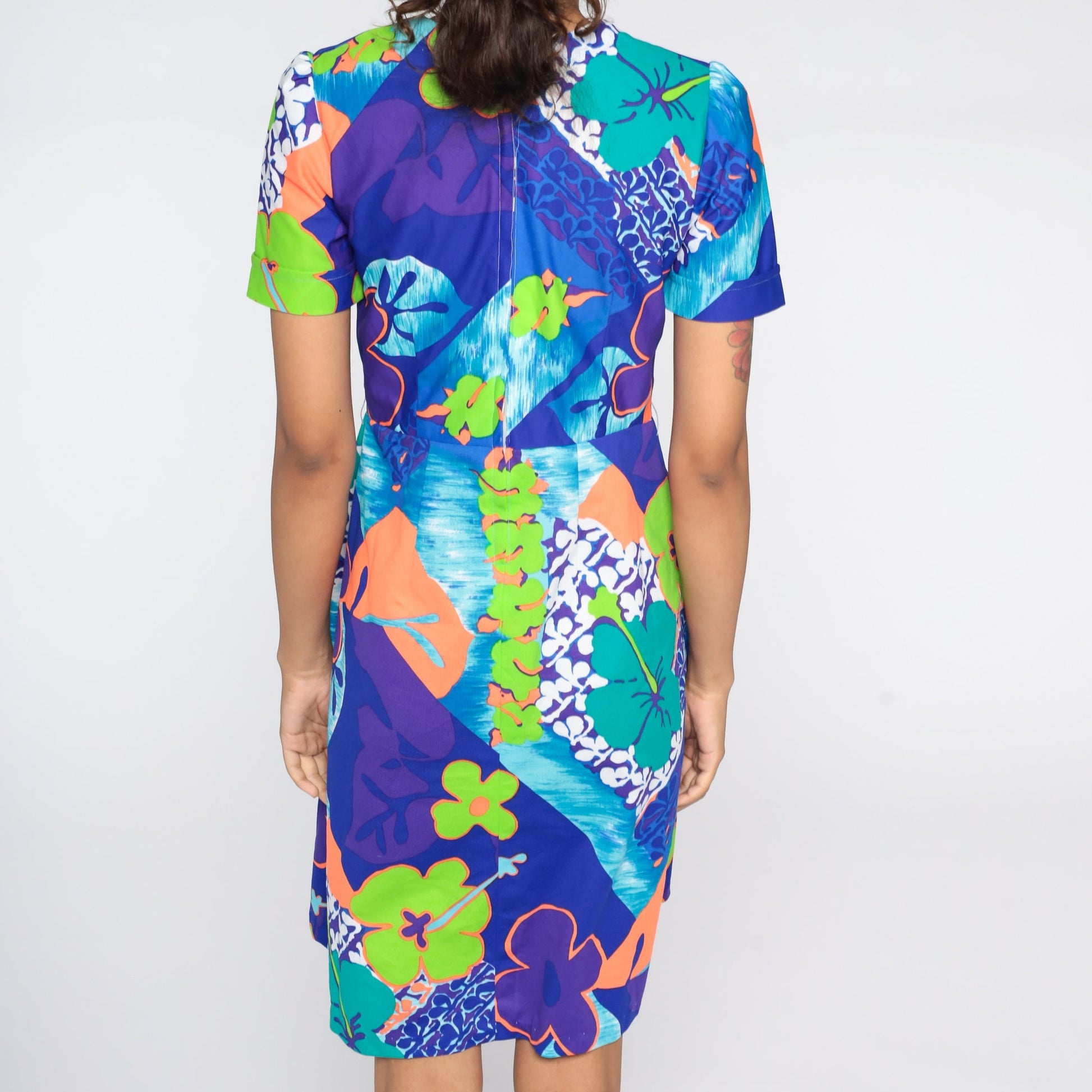 70s Floral Puff Sleeve Mini Dress Purple High Waist Knee Length Small