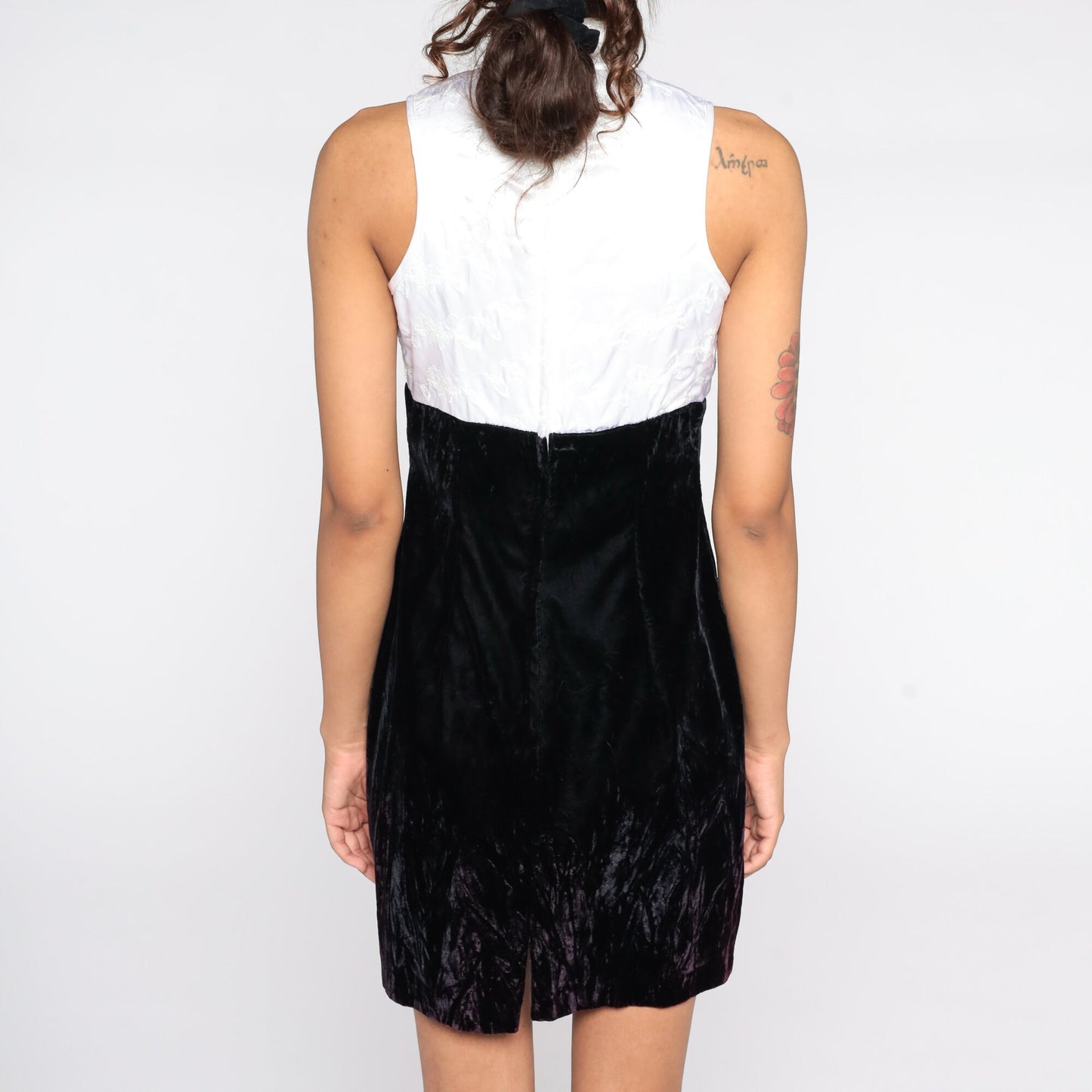 90s Zum Zum Black Velvet Mini Dress White Embroidered Bodice Small