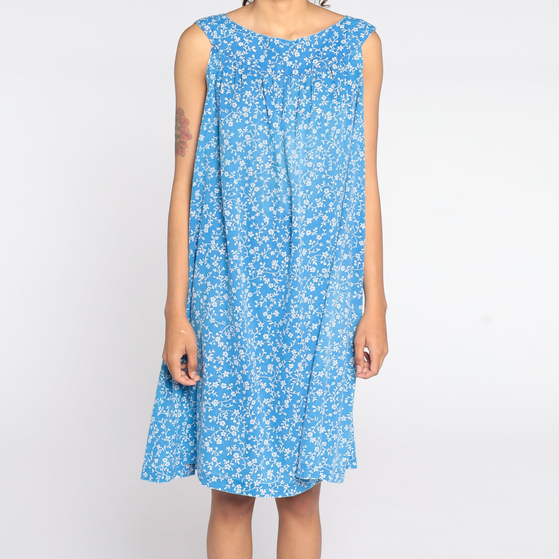 80s Blue Floral Trapeze Dress Sleeveless Knee-Length Large