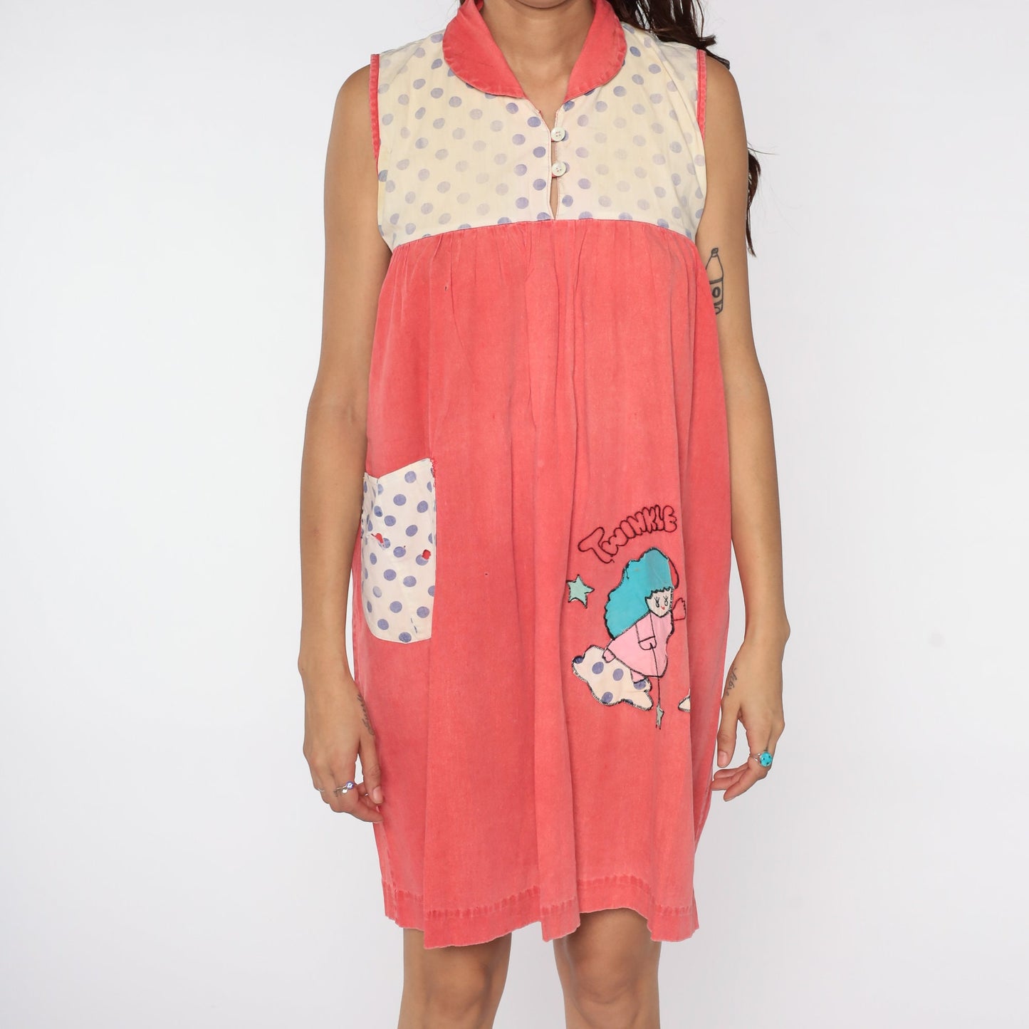 70s Red Pajama Dress Star Moon Embroidered Nightgown Medium
