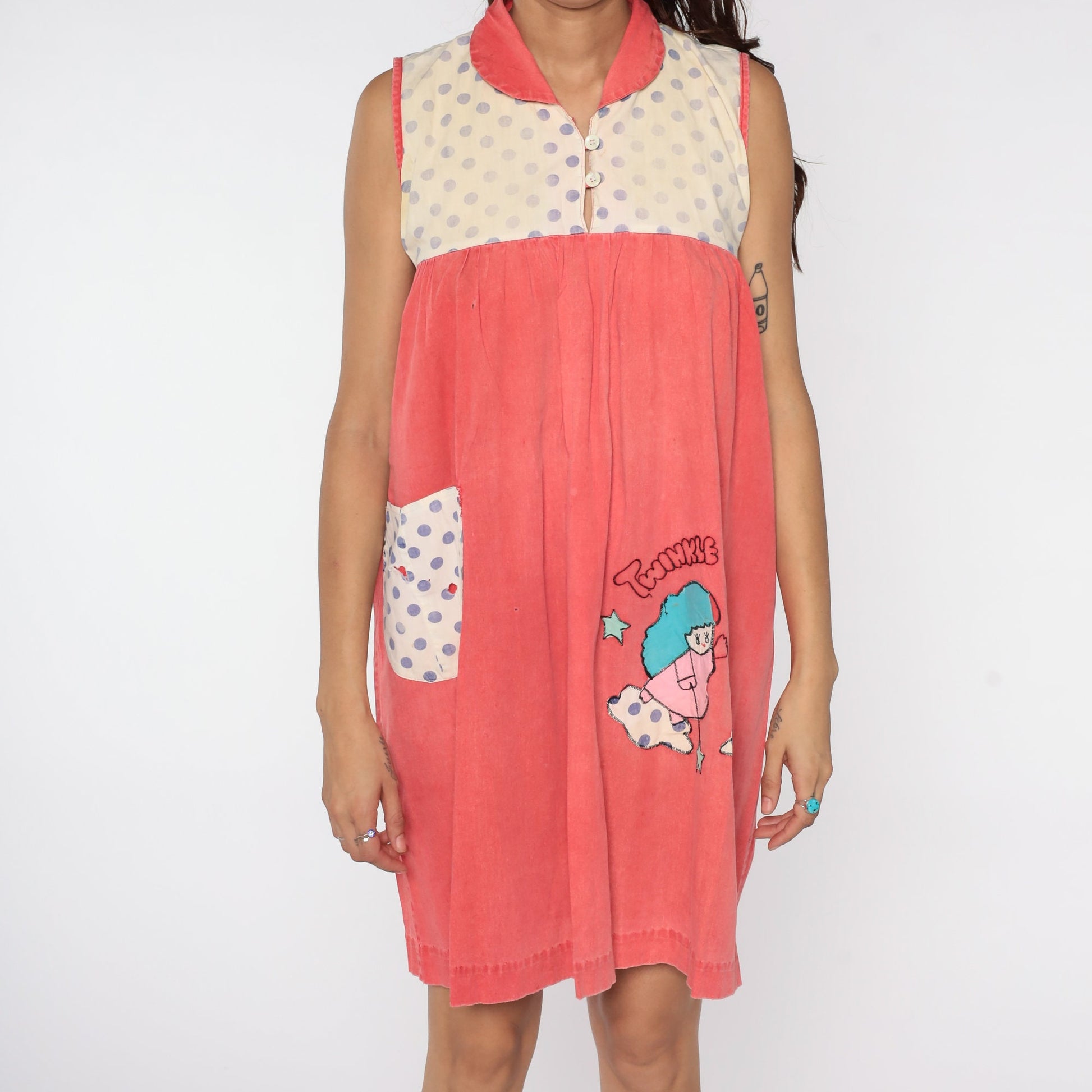 70s Red Pajama Dress Star Moon Embroidered Nightgown Medium