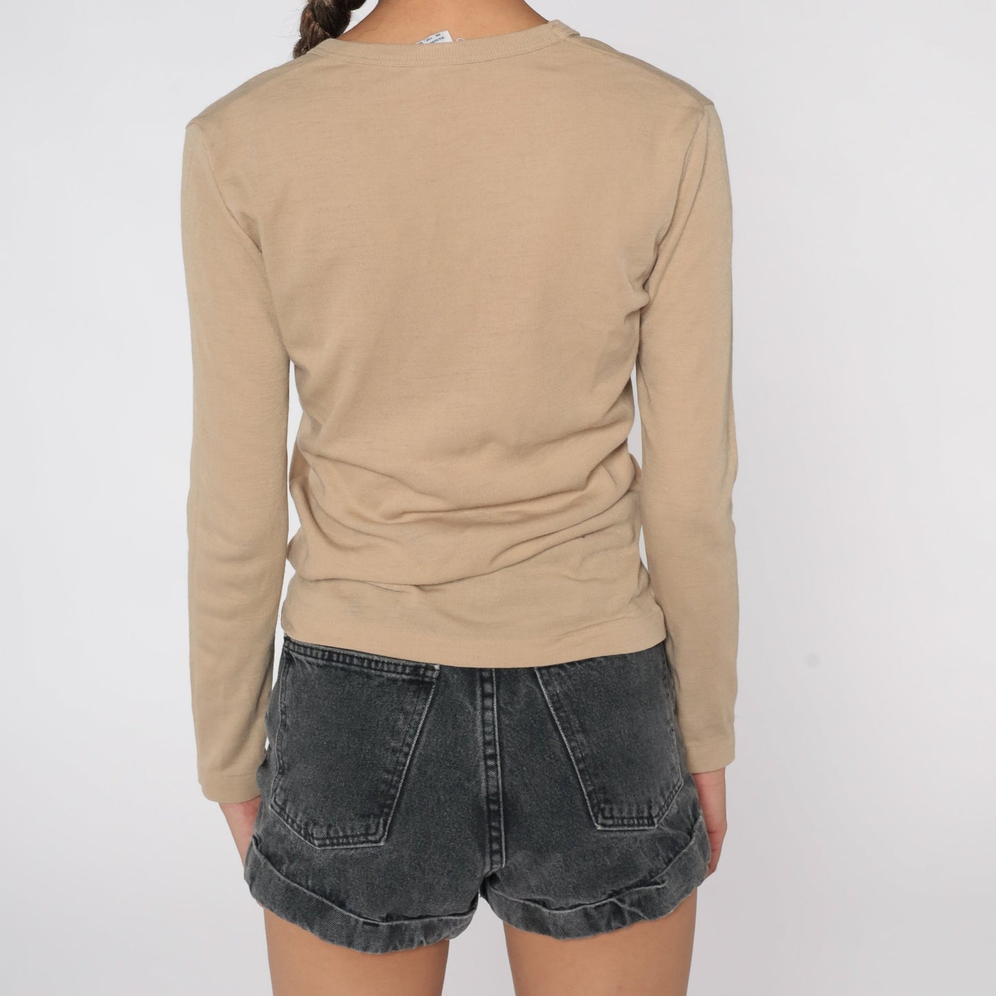 80s Tan Knit V-Neck Long Sleeve Shirt Medium