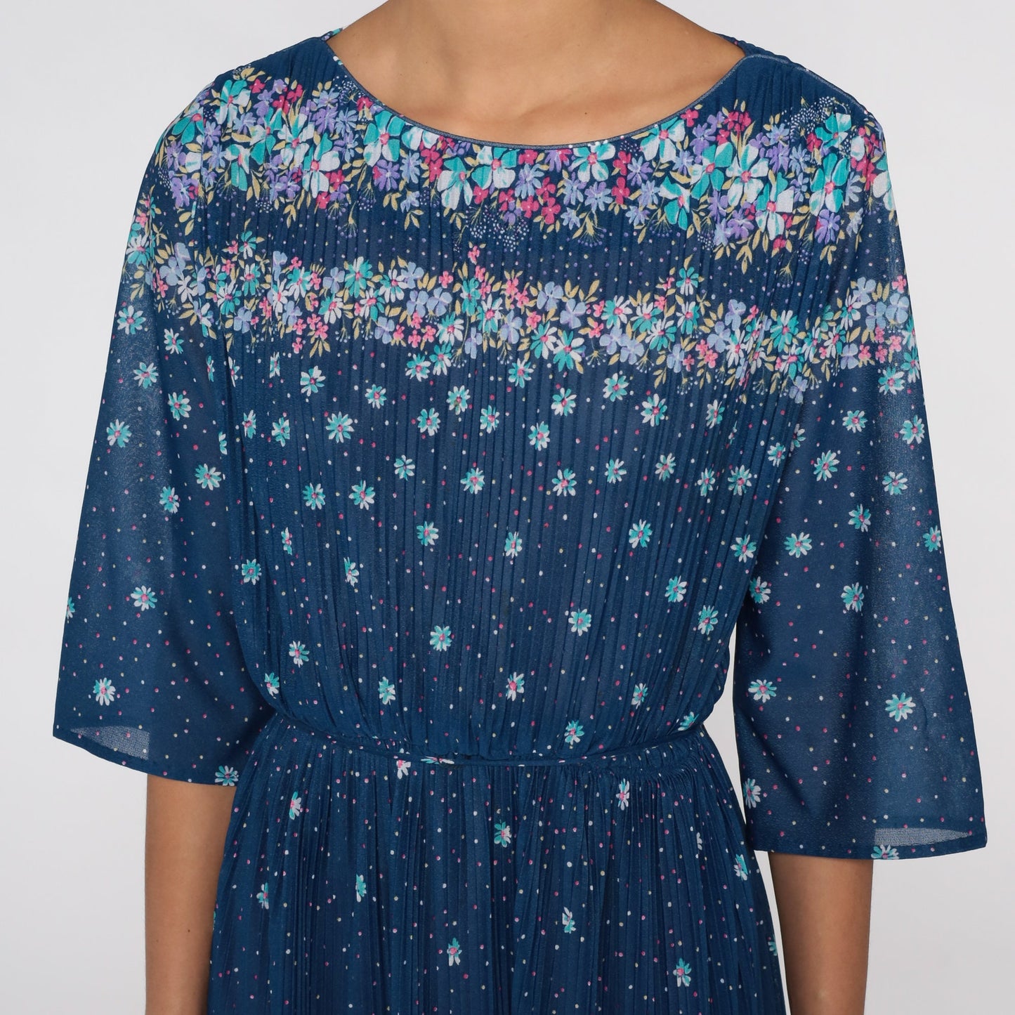 70s Floral Midi Dress Blue High Waist Knife Pleated 3/4 Sleeve Large L