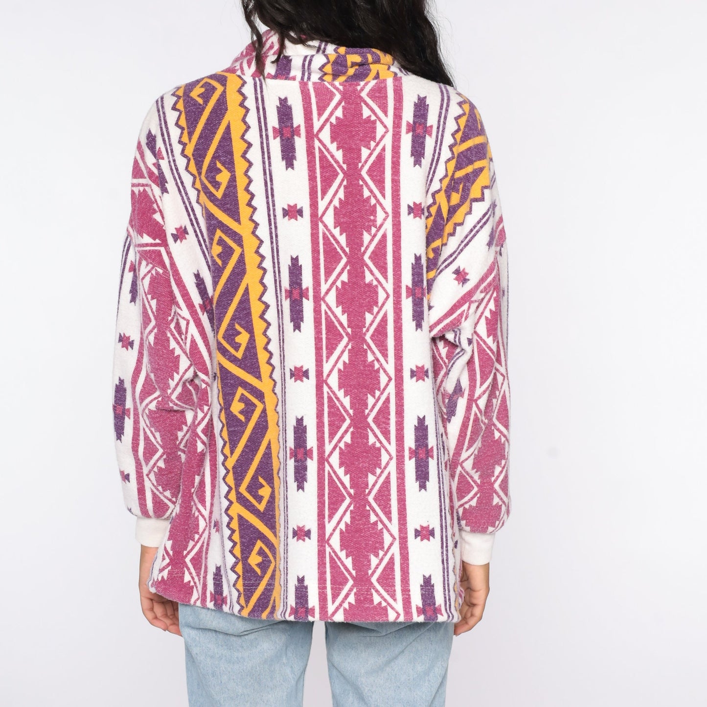 90s Southwestern Mock Neck Drawstring Shirt Aztec Print White Pink Purple Medium