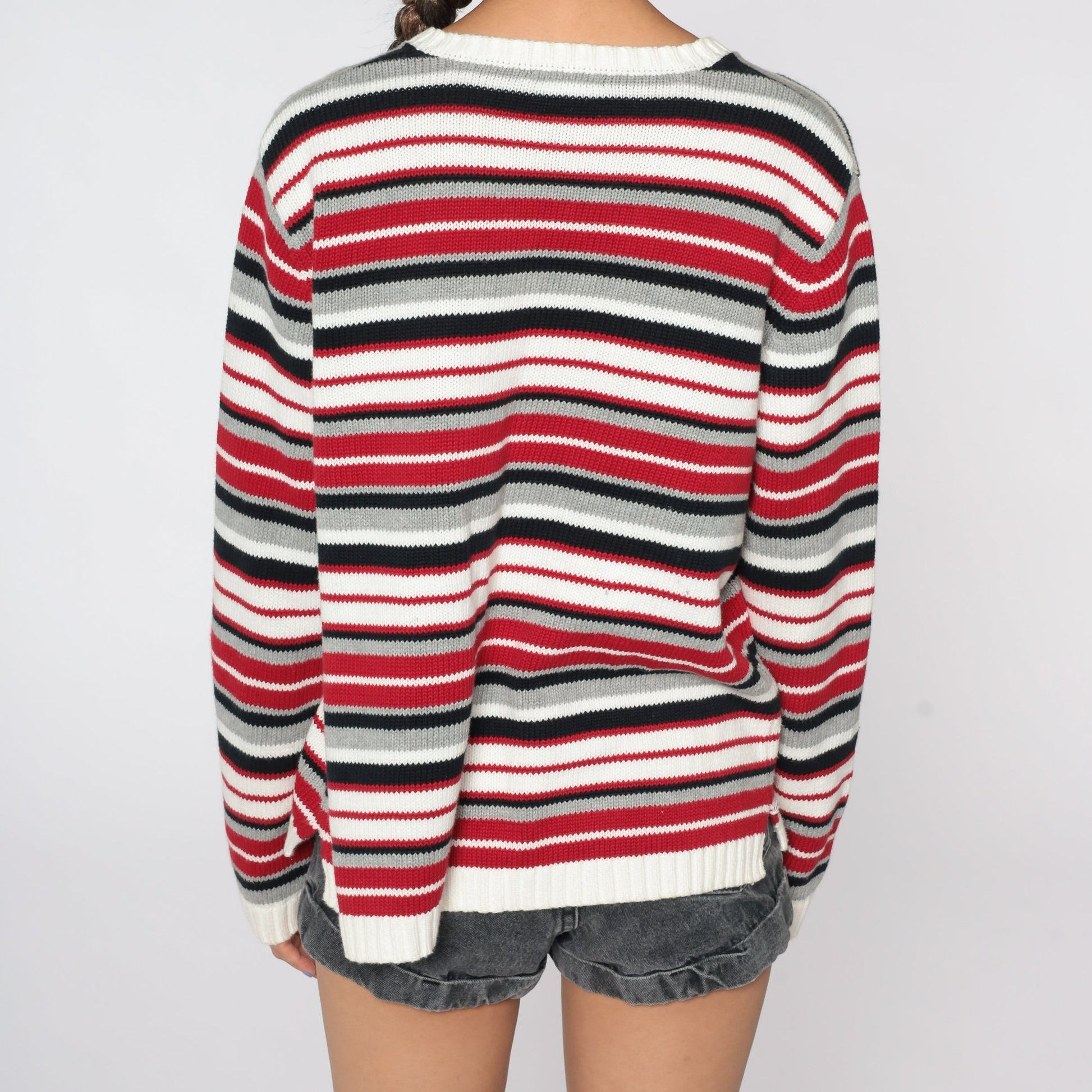 90s Red White Striped Cotton Knit V-Neck Pullover Sweater Men's Large L