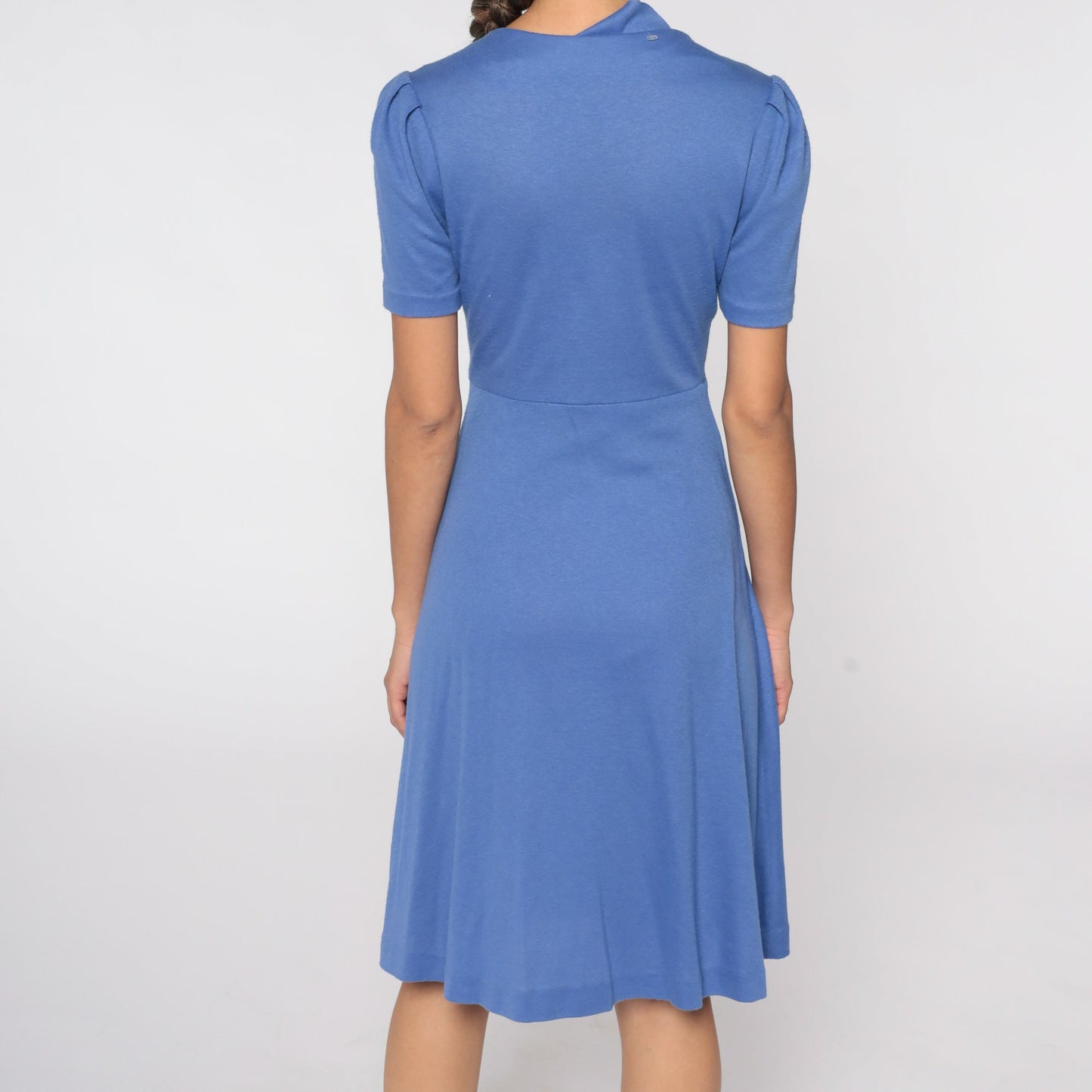 80s Purple Wrap Dress High Waist Deep V Puff Sleeve Midi Small