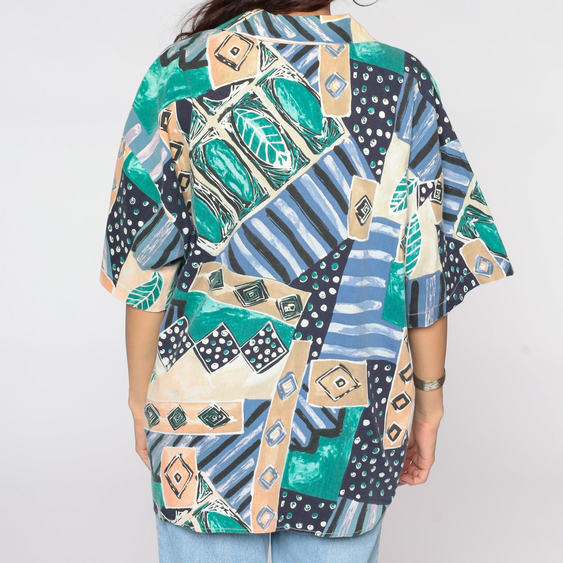 80s Geometric Tropical Button Up Blouse Plus Size Green Blue Short Sleeve Extra Extra Large XXL