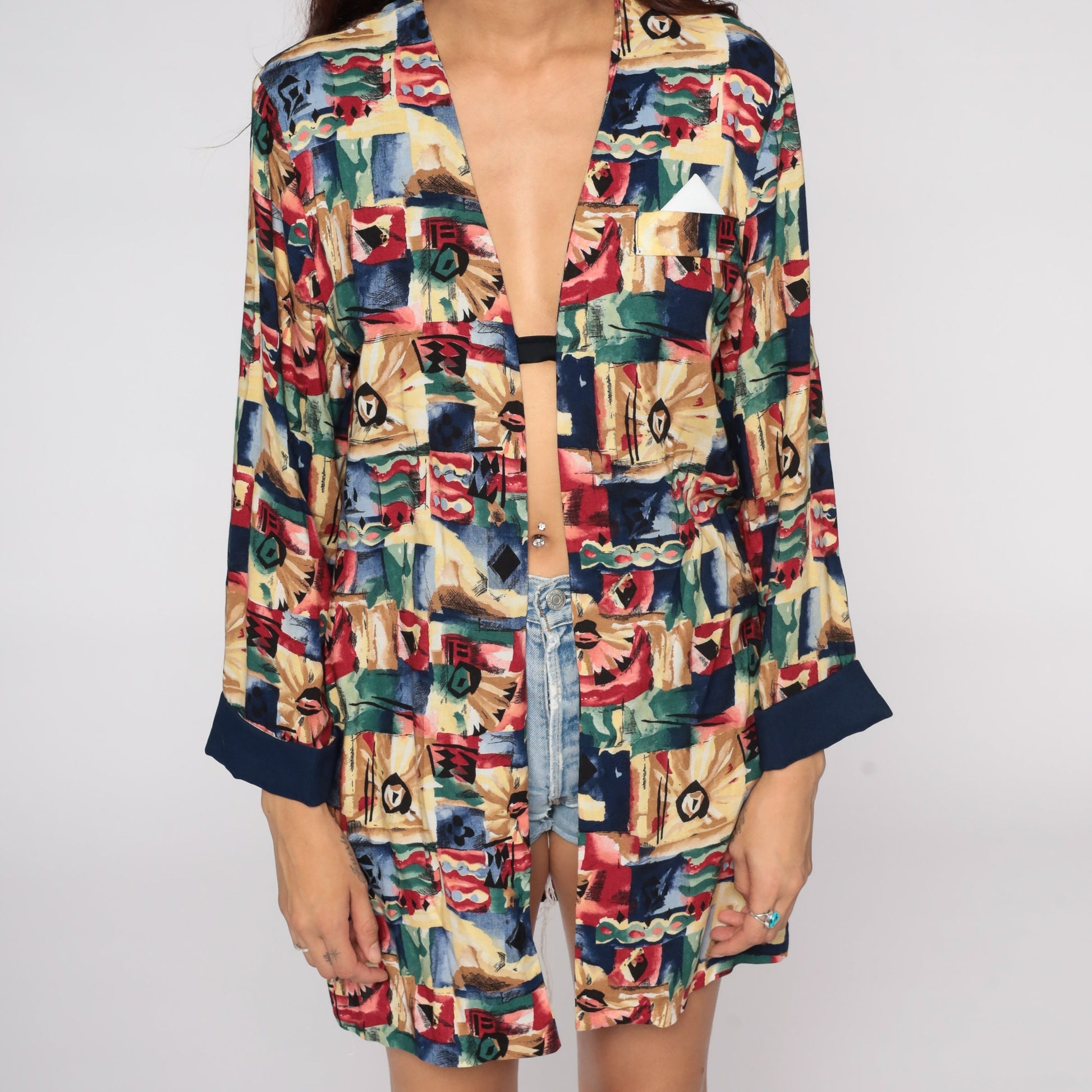 90s Floral Print Open Front Blazer Jacket Rayon Medium Large