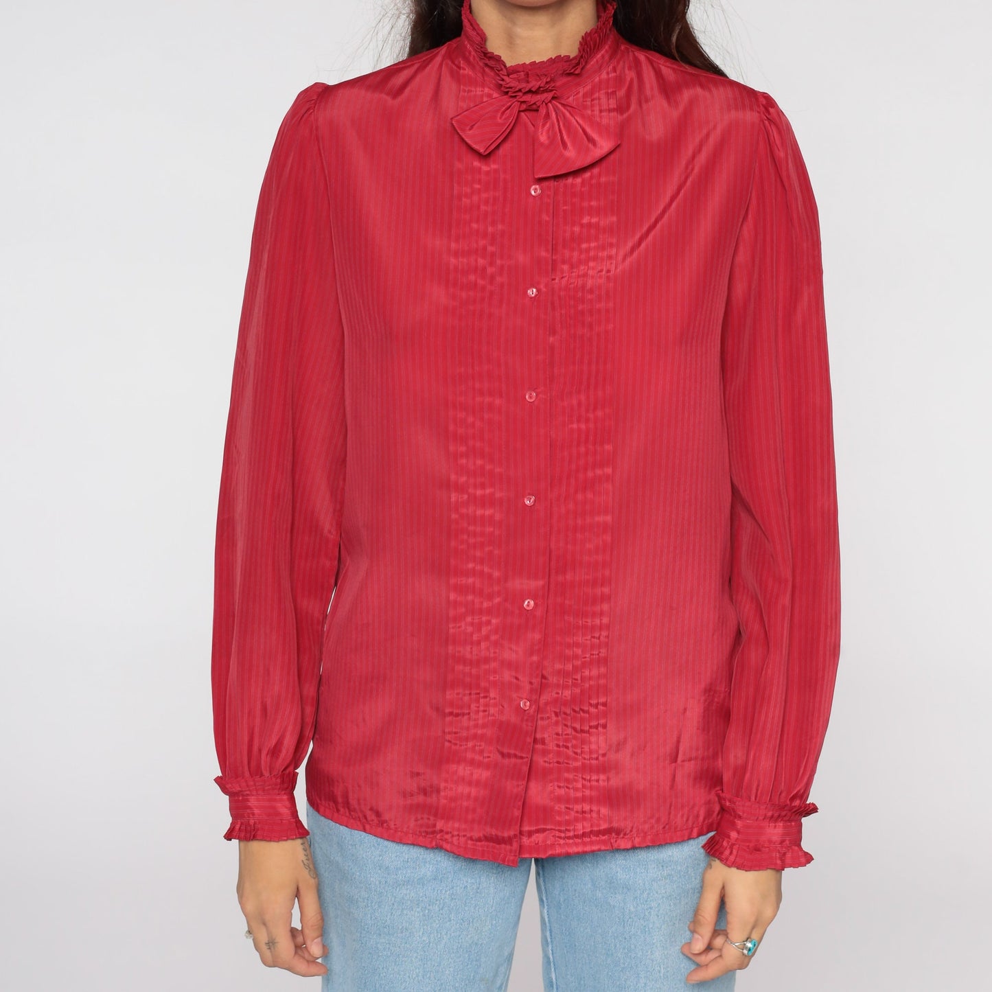 80s Red Pinstriped Necktie Blouse Puff Sleeve Button Up Medium