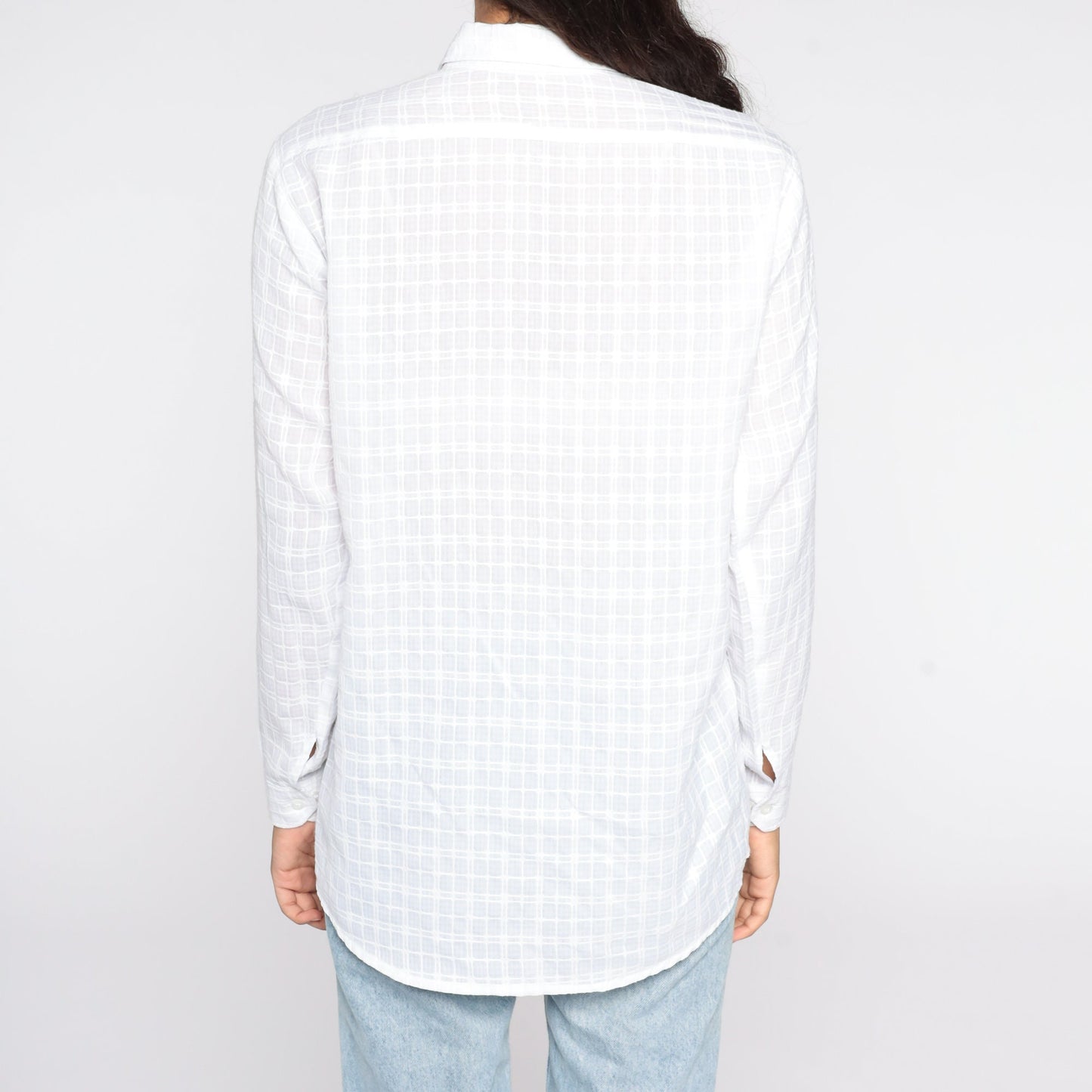 80s White Floral Embroidered Button-Up Blouse Long Sleeve Medium