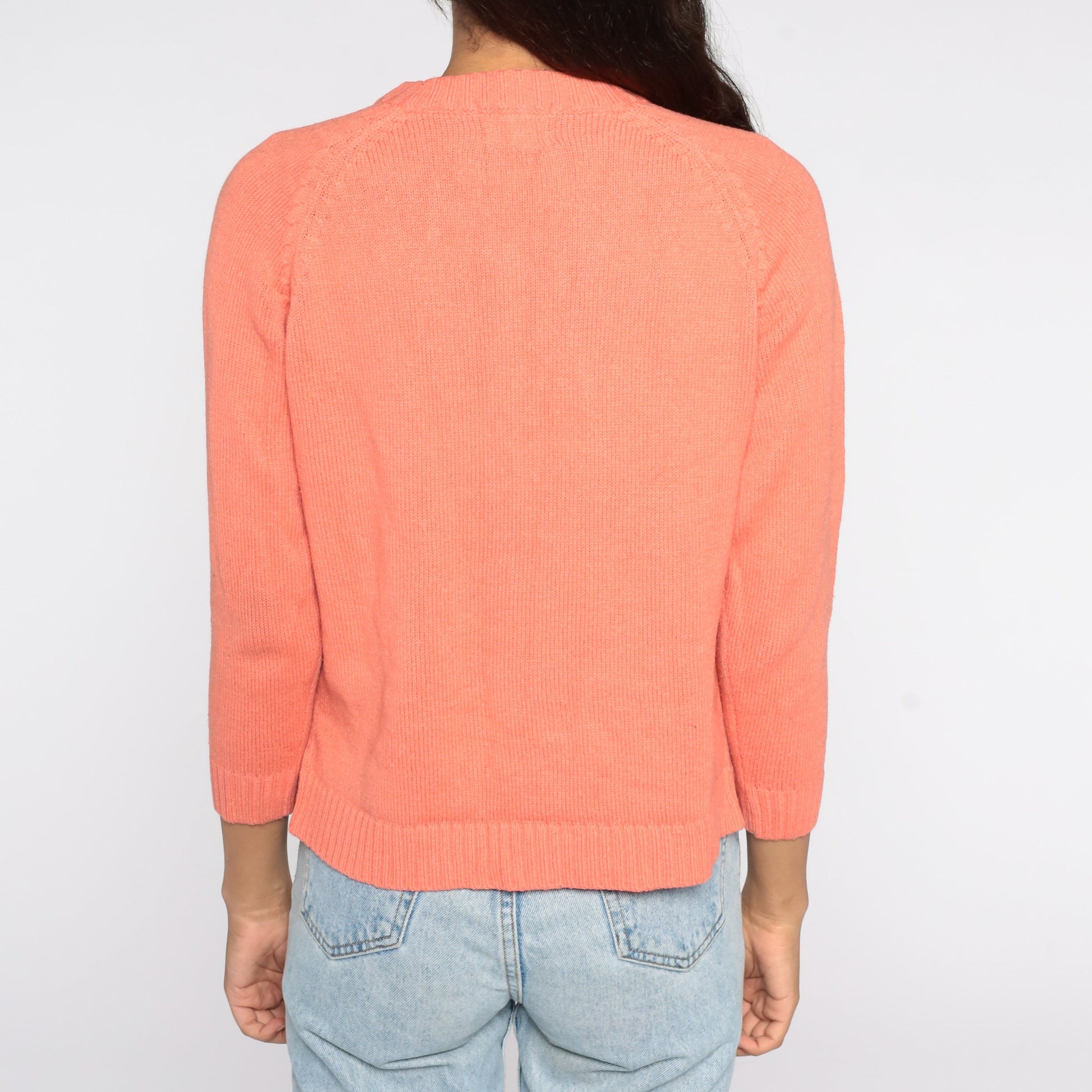 70s Salmon Pink Cable Knit Cardigan Button Up Sweater Small