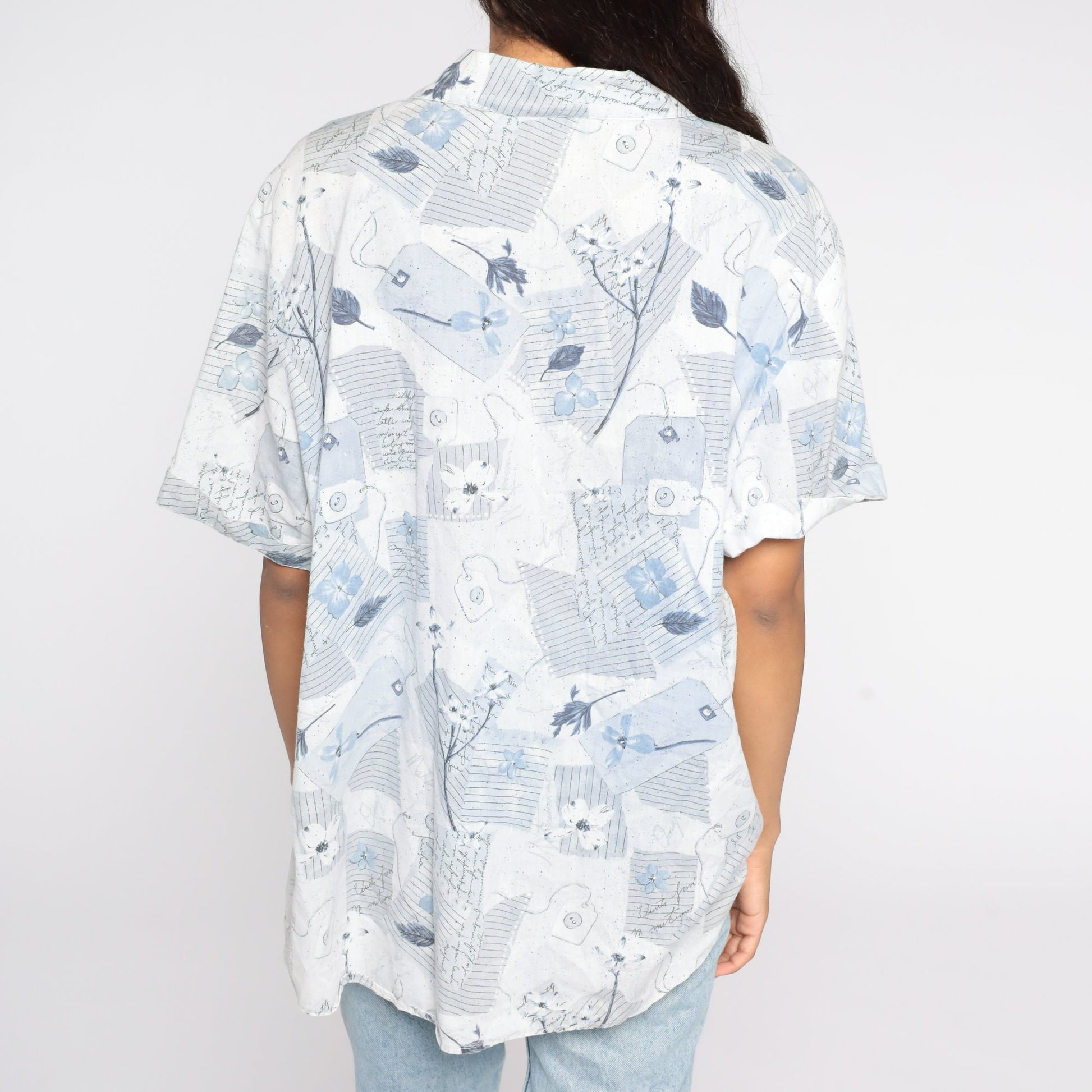 90s Floral Button Up Shirt Plus Size White Blue Short Sleeve Blouse XXL