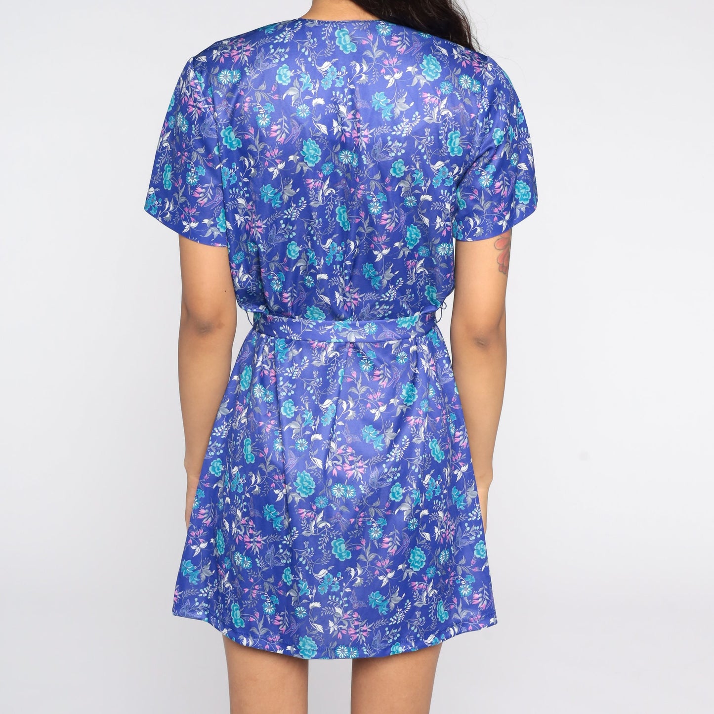 70s Purple Floral Mini Shift Dress Button-Up Short Sleeve Medium