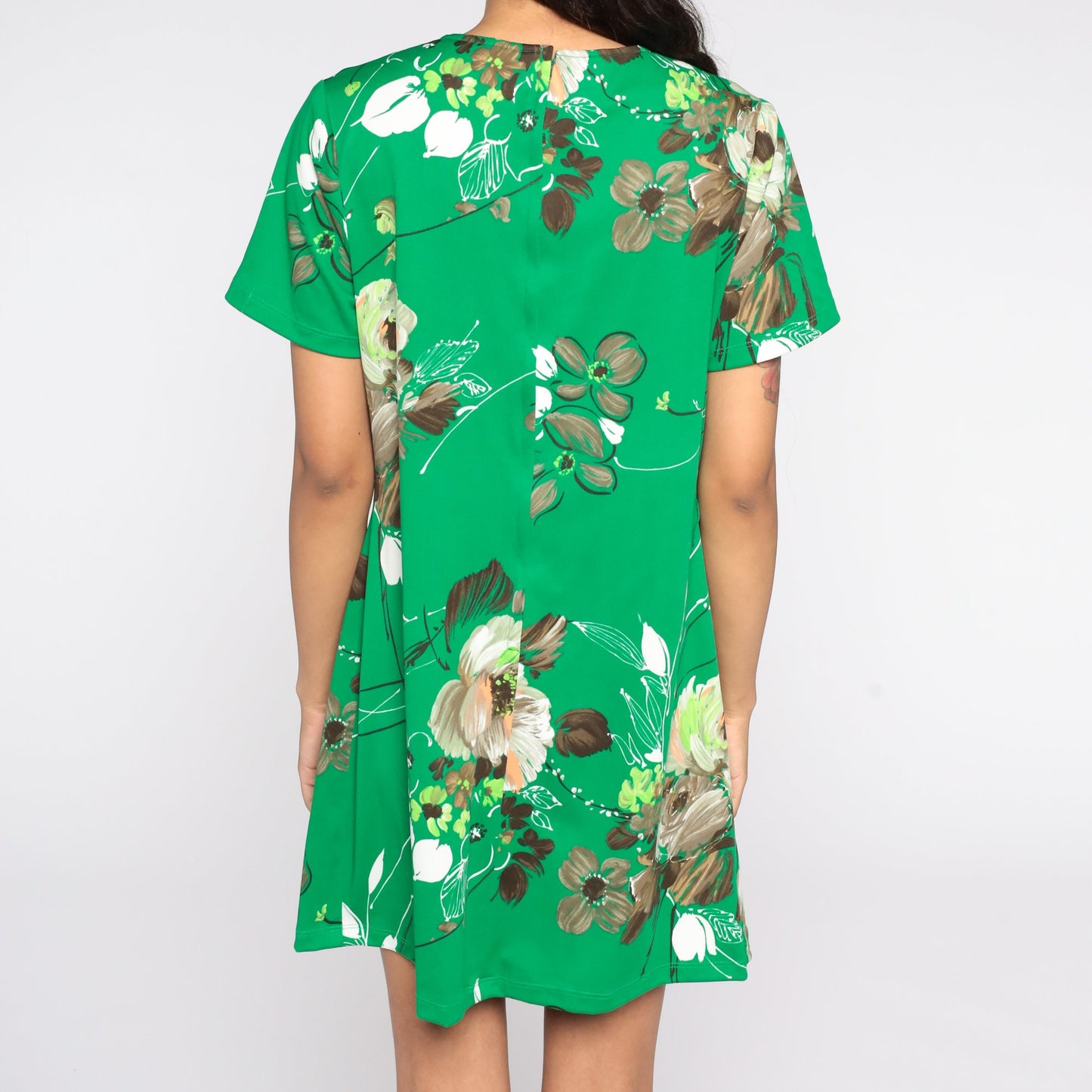 60s Mod Mini Shift Dress Green Floral Print Short Sleeve Medium Large