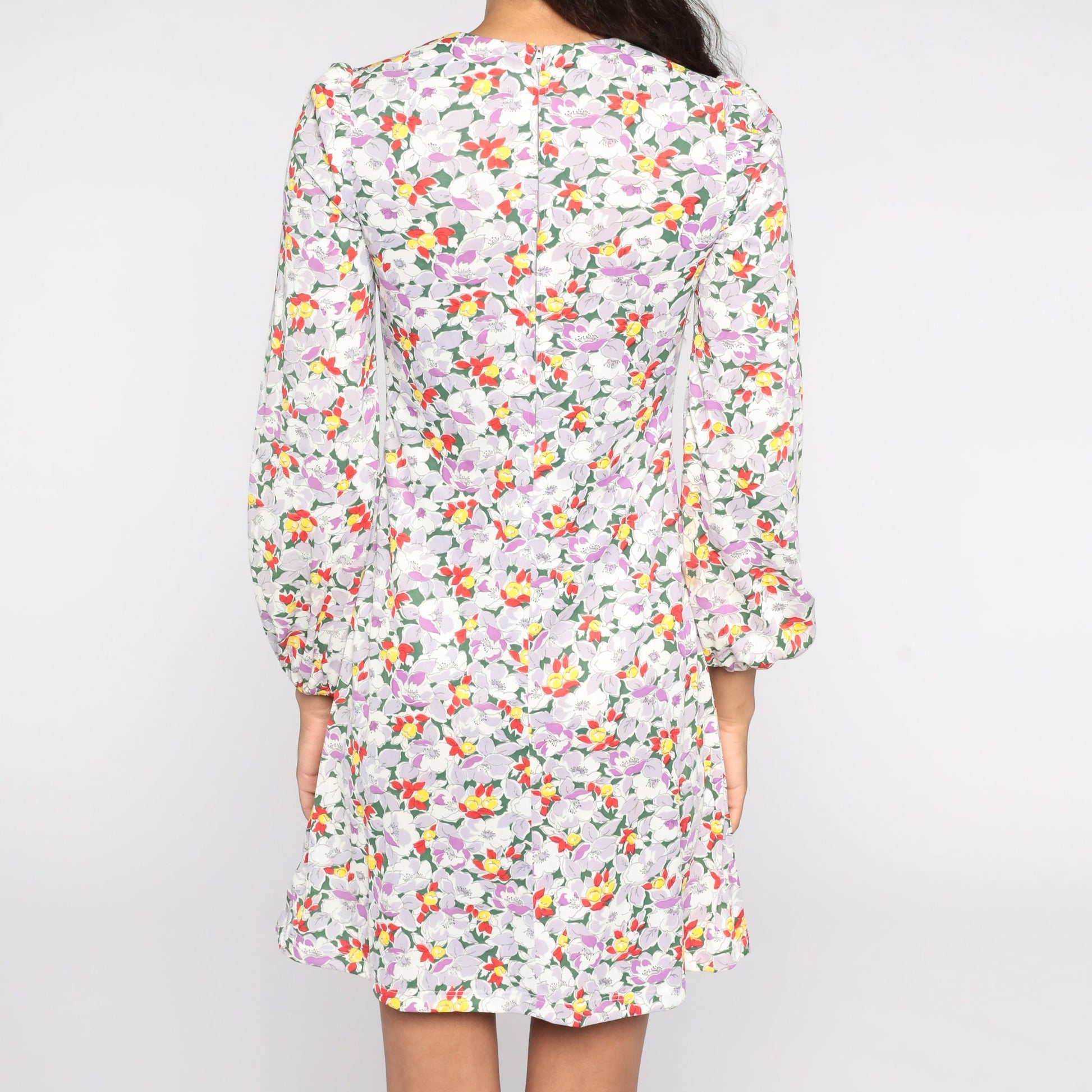70s Floral Puff Sleeve Mini Shift Dress Multicolor Extra Small