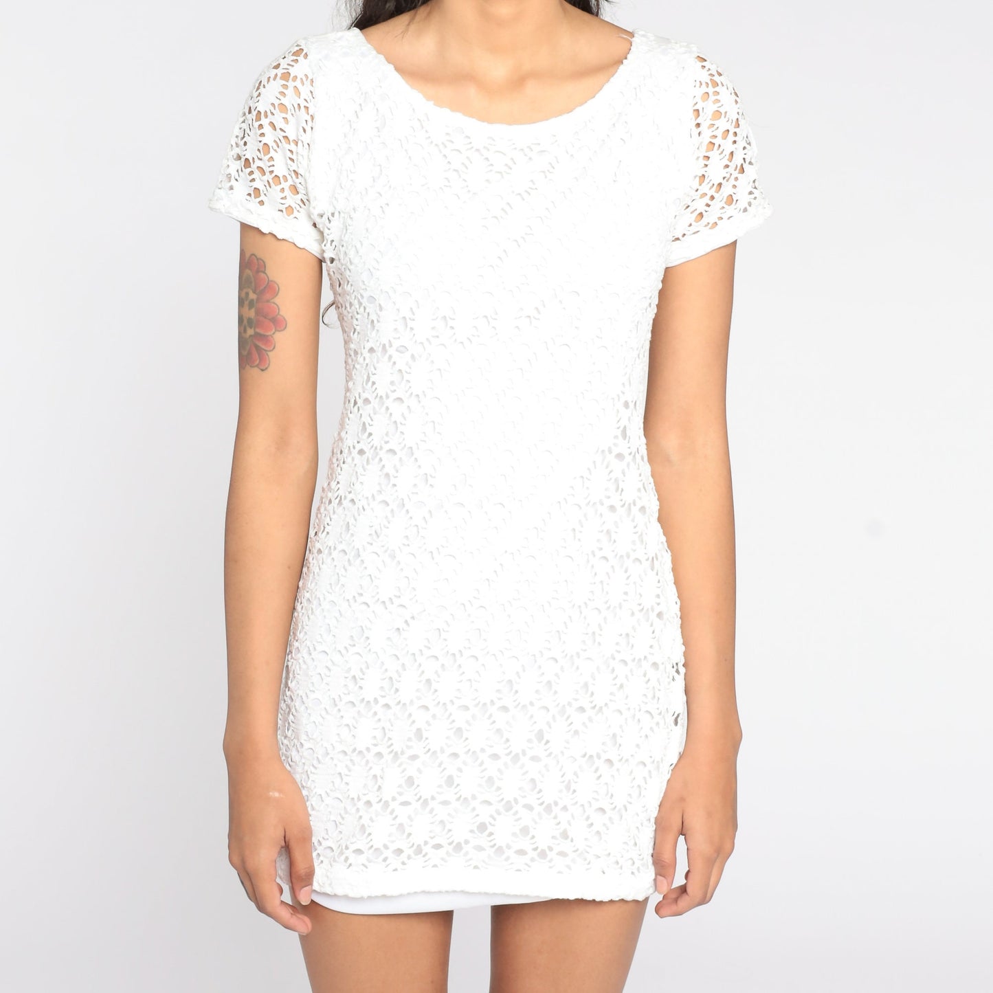 90s White Crochet Cutwork Mini Dress Cotton Blend Small S