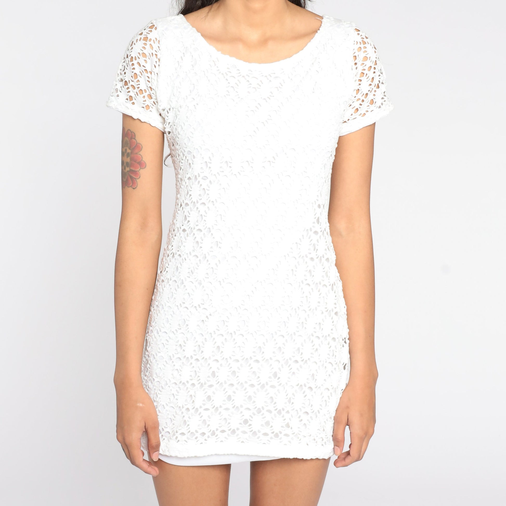 90s White Crochet Cutwork Mini Dress Cotton Blend Small S