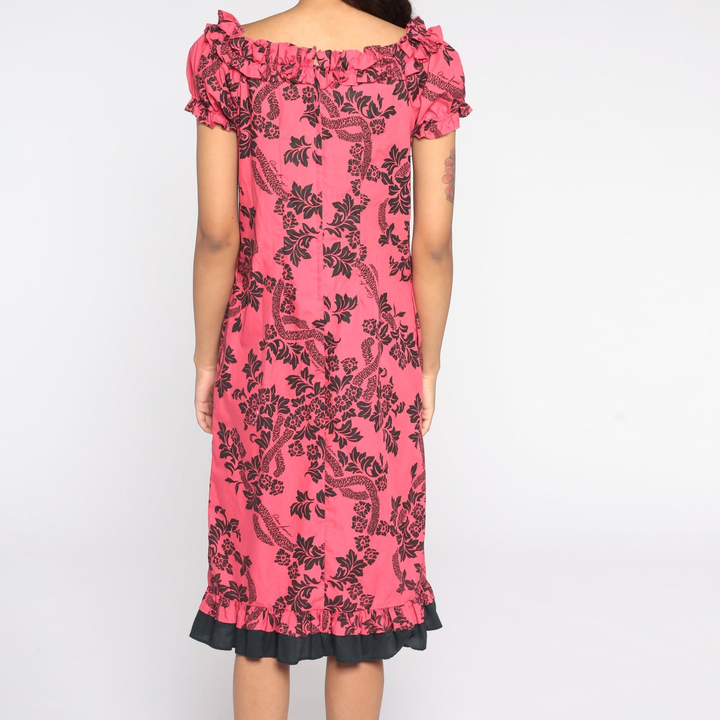 80s Pink Hawaiian Floral Midi Dress Puff Sleeve Shift Small S