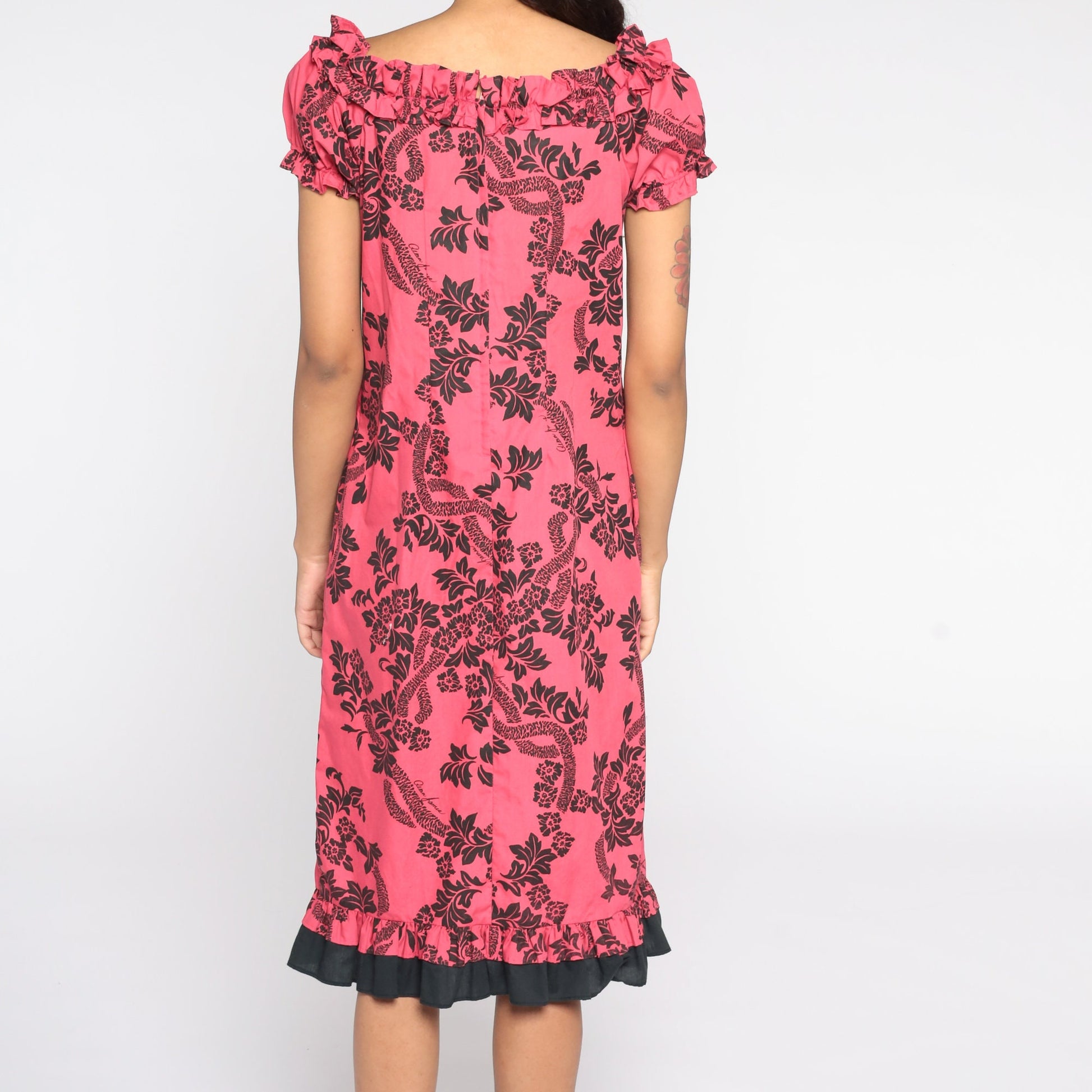 80s Pink Hawaiian Floral Midi Dress Puff Sleeve Shift Small S